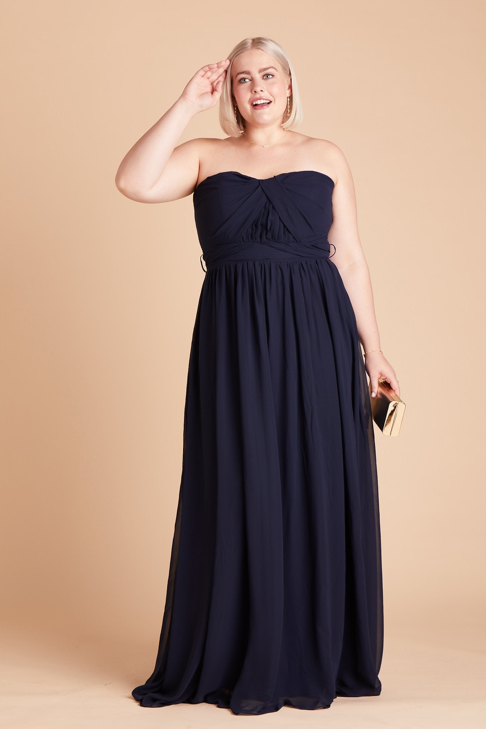 Grace convertible plus size bridesmaid dress in navy blue chiffon by Birdy Grey, front view