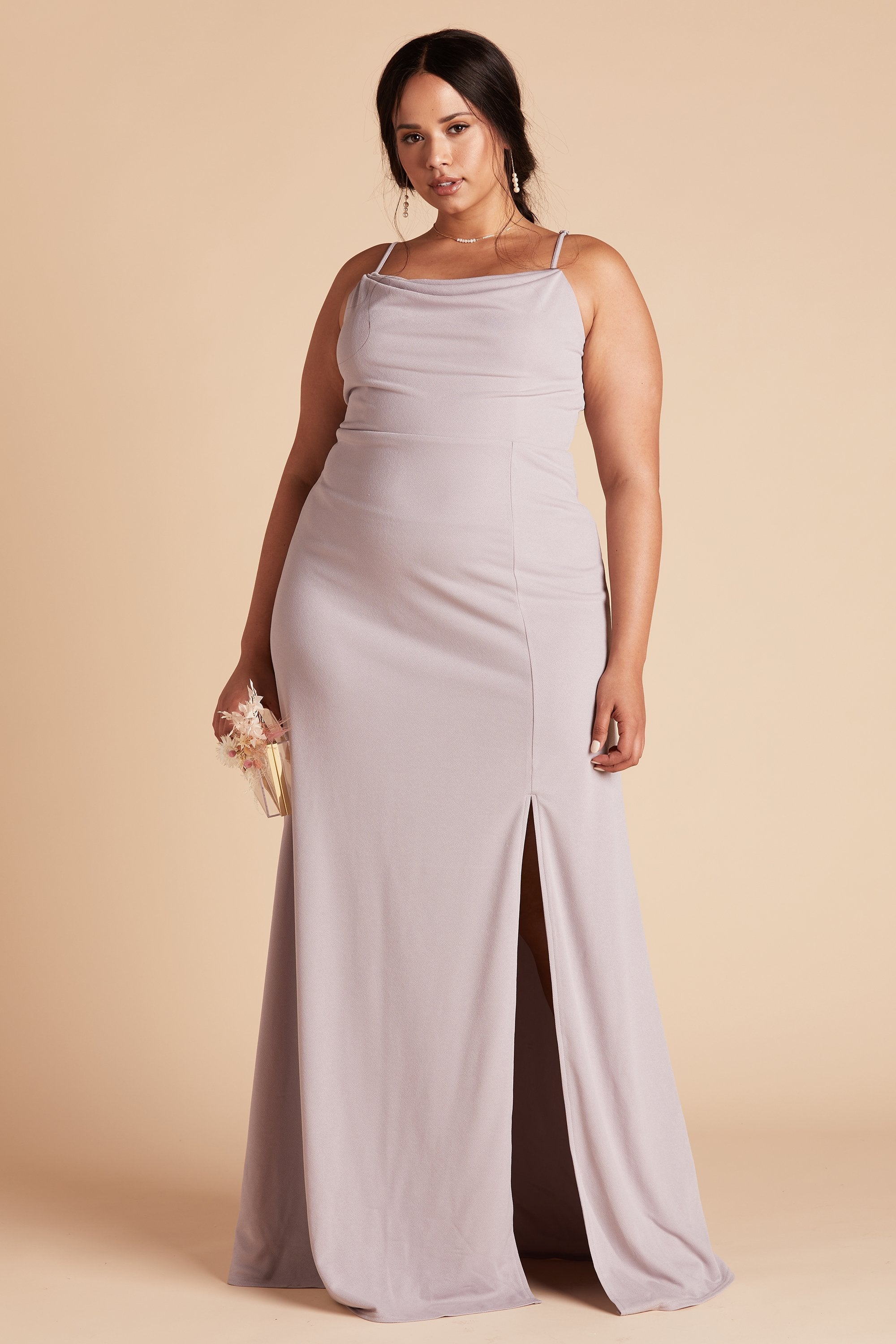 Ash plus size bridesmaid dress with slit in lilac purple crepe by Birdy Grey, front view