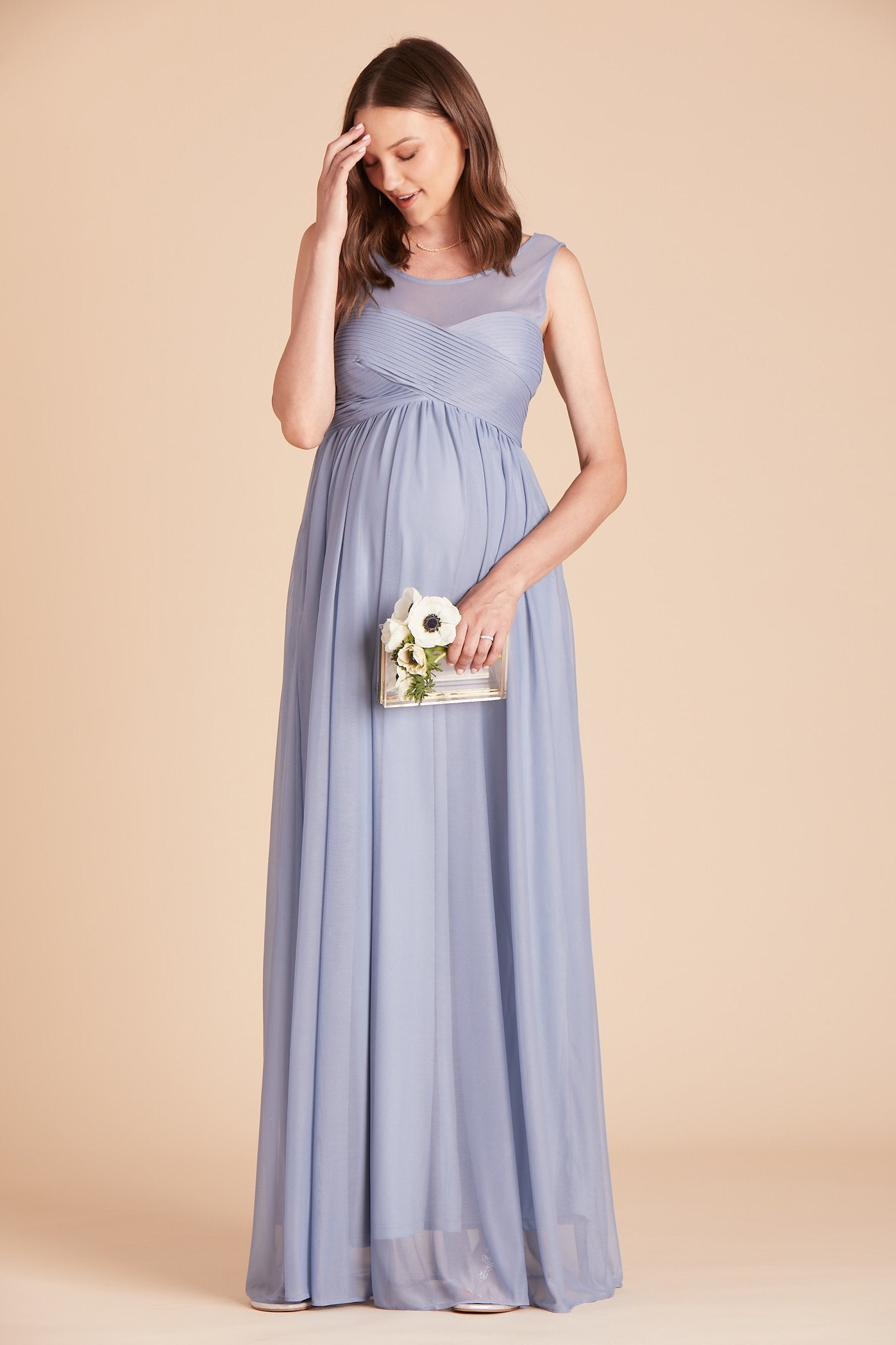 Ryan bridesmaid dress in dusty blue chiffon by Birdy Grey, front view