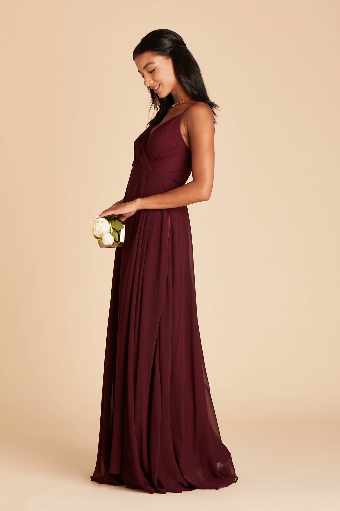 Kaia bridesmaids dress in cabernet burgundy chiffon by Birdy Grey, side view