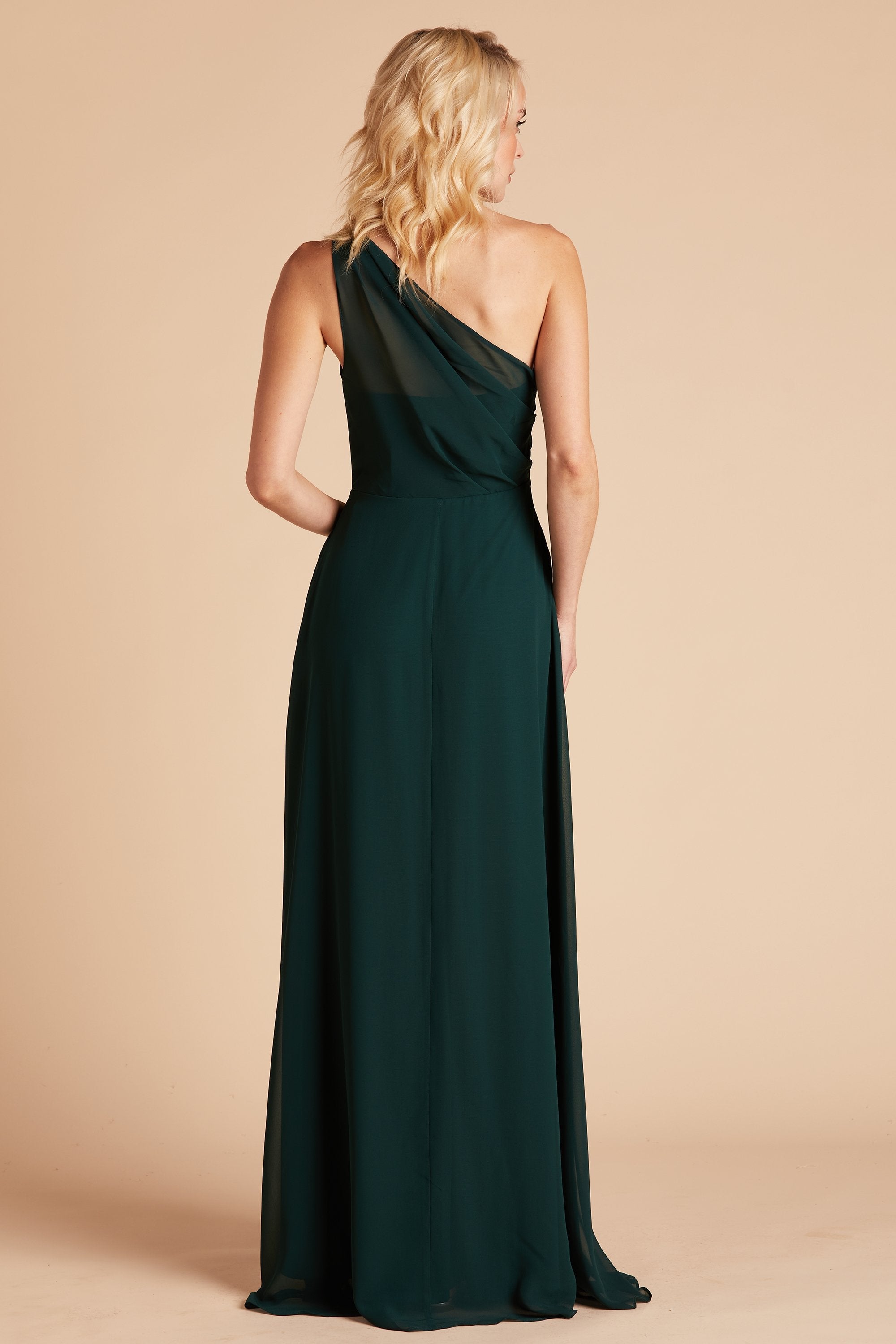 Kira bridesmaid dress in emerald chiffon by Birdy Grey, back view