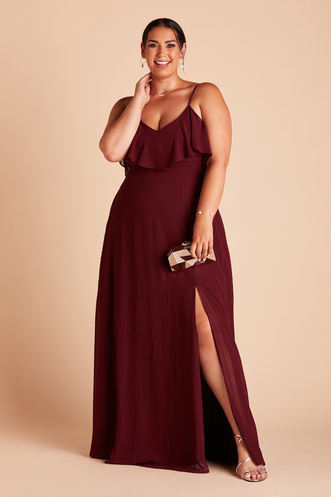 Jane convertible plus size bridesmaid dress with slit in Cabernet Burgundy chiffon by Birdy Grey, front view