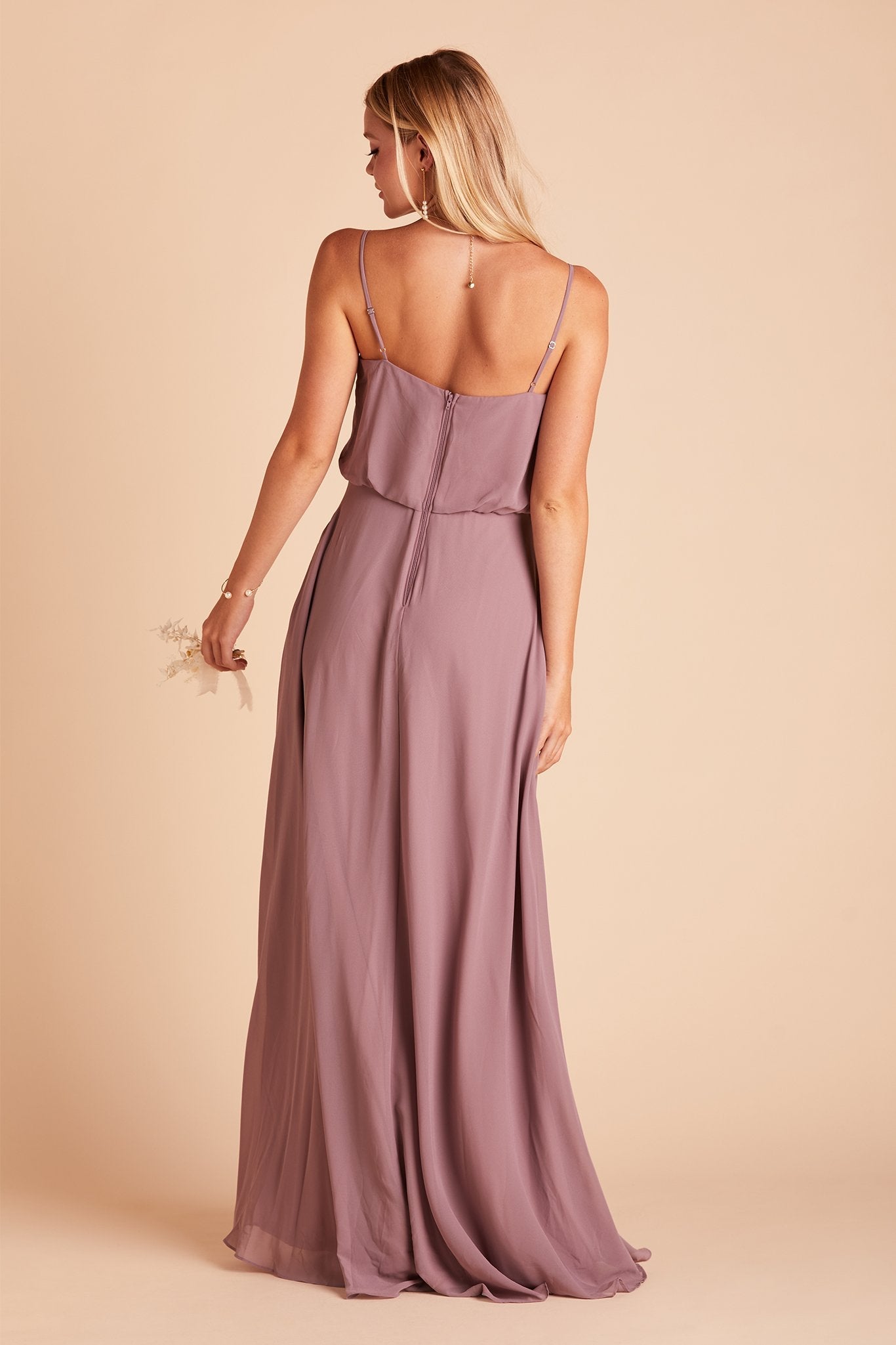 Gwennie bridesmaid dress with slit in dark mauve chiffon by Birdy Grey, back view