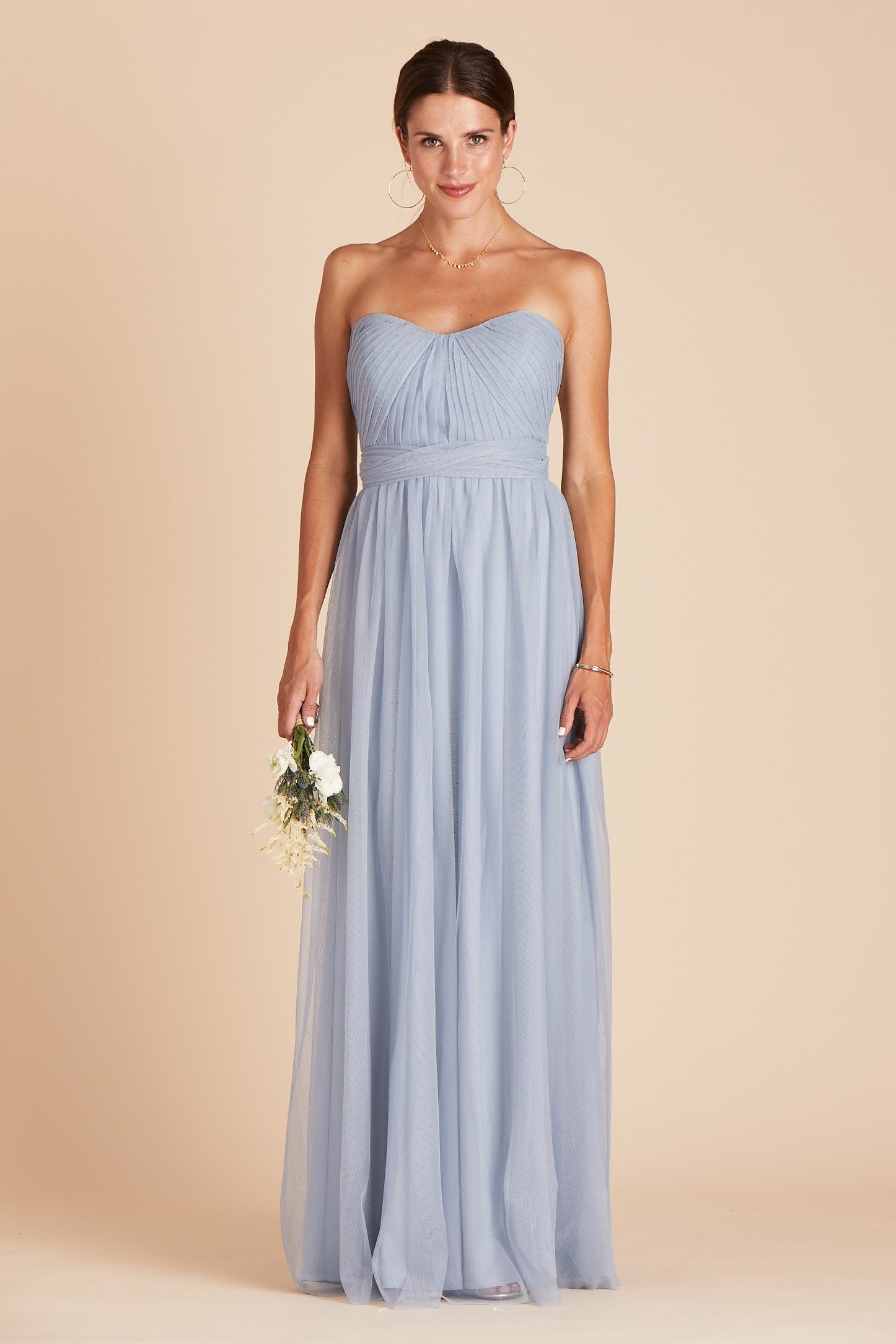 Christina convertible bridesmaid dress in dusty blue tulle by Birdy Grey, front view