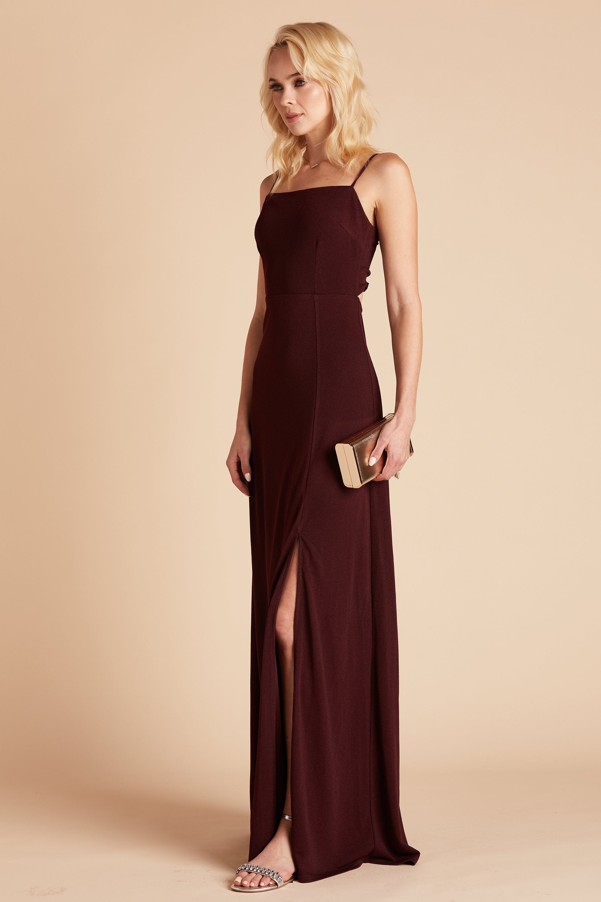 Benny bridesmaid dress with slit in cabernet burgundy crepe by Birdy Grey, side view