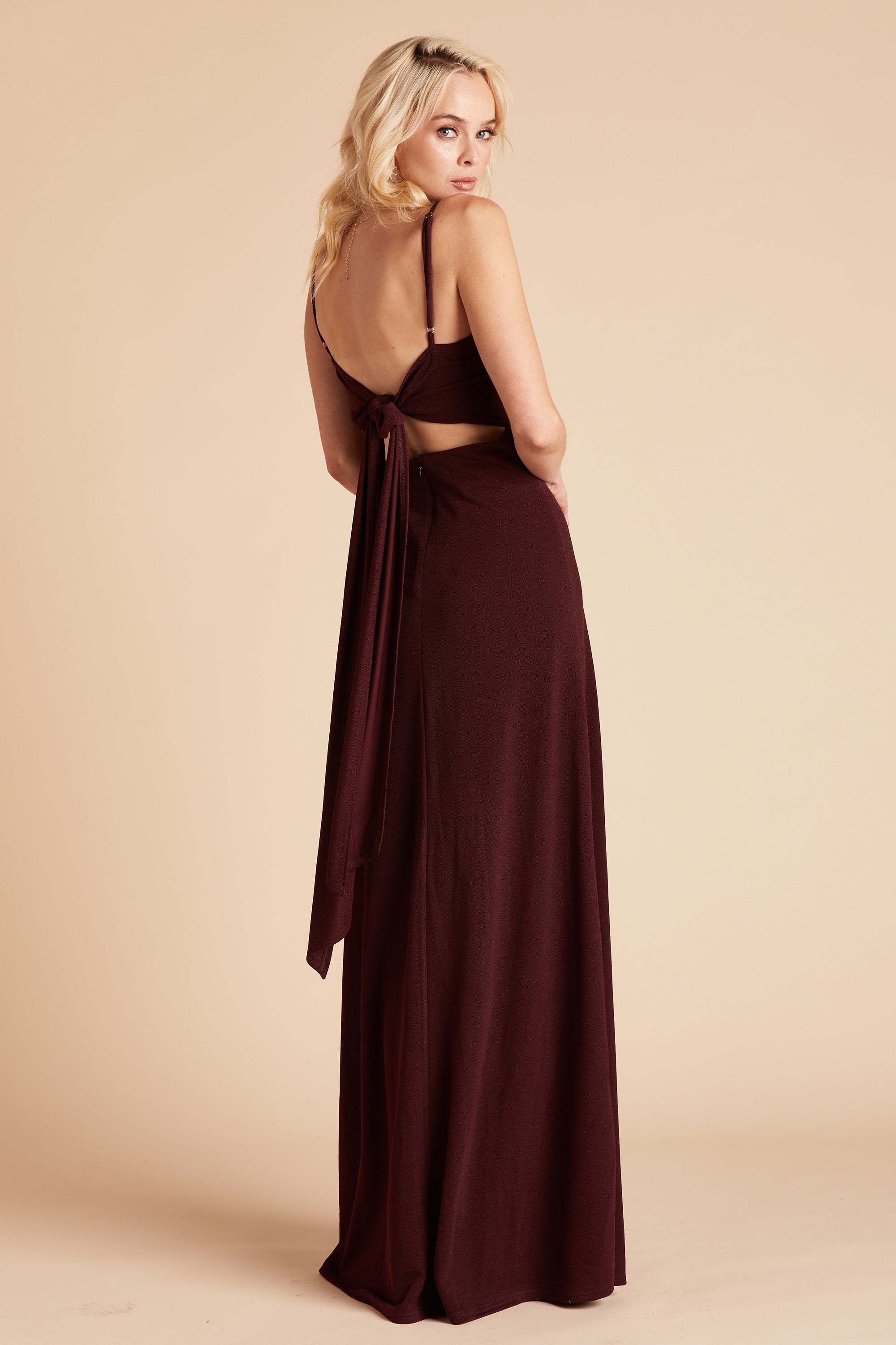 Benny bridesmaid dress in cabernet burgundy crepe by Birdy Grey, side view