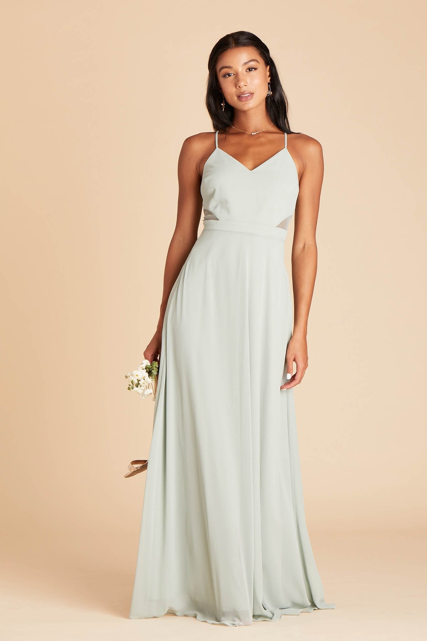 Lin bridesmaid dress in sage green chiffon by Birdy Grey, front view