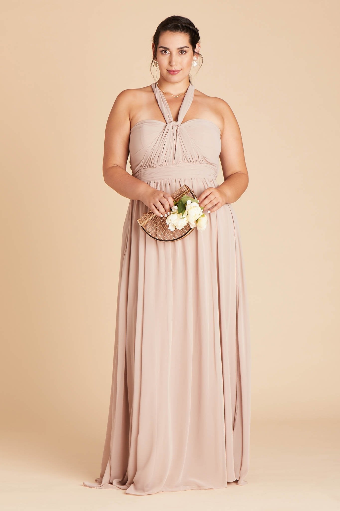 Grace convertible plus size bridesmaid dress in taupe chiffon by Birdy Grey, front view