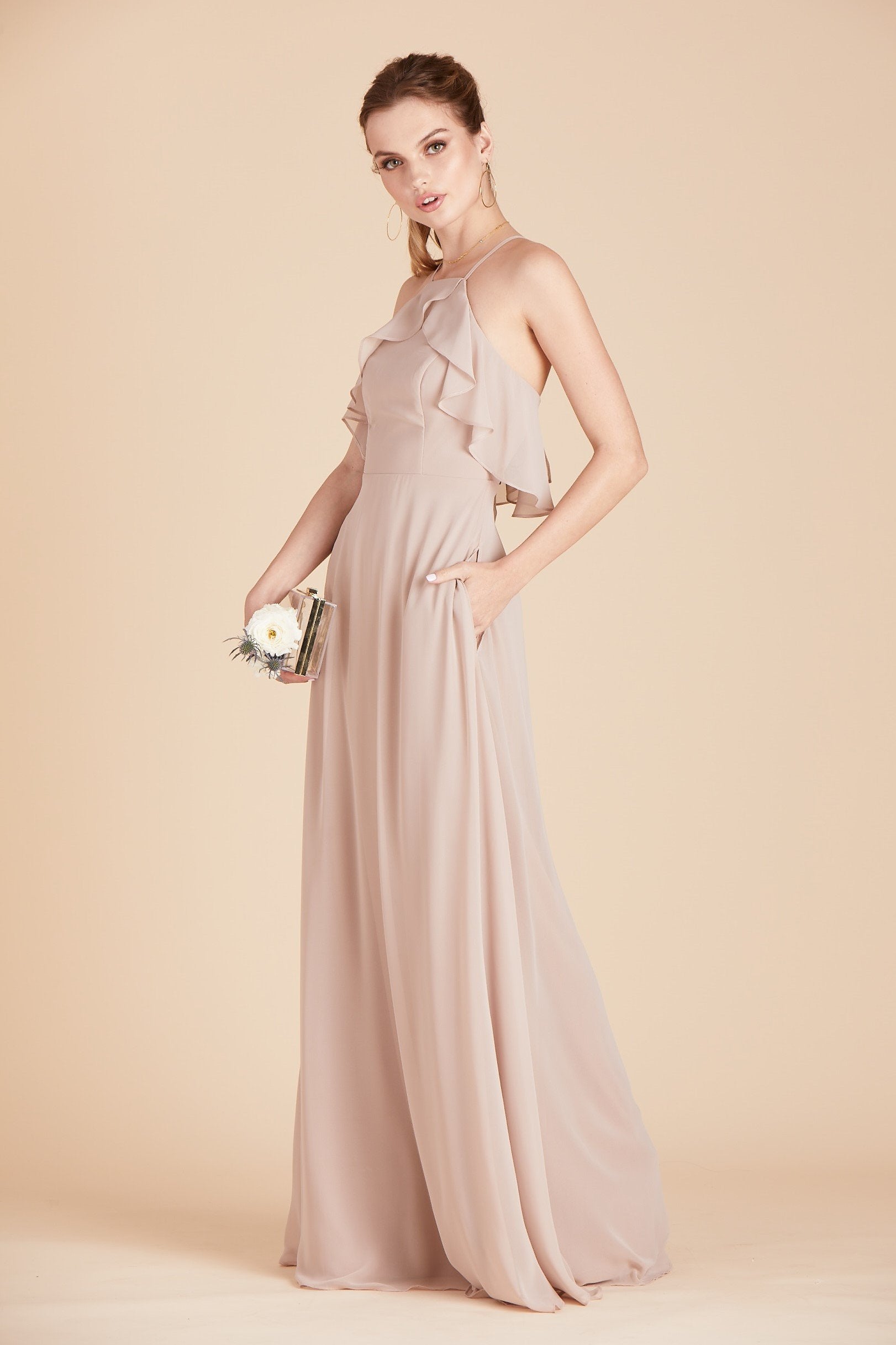 Jules bridesmaid dress in taupe chiffon by Birdy Grey, front view with hand in pocket