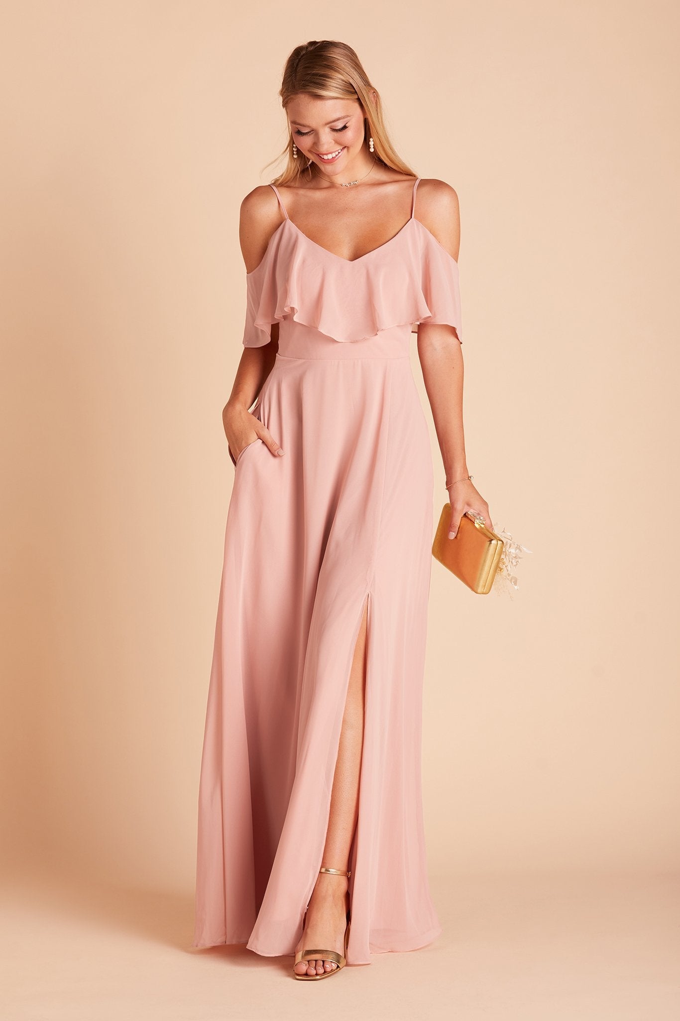 Jane convertible bridesmaid dress with slit in dusty rose chiffon by Birdy Grey, front view