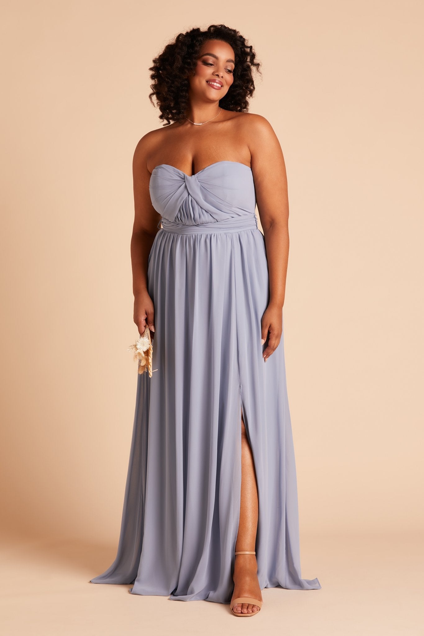 Grace convertible plus size bridesmaid dress with slit in dusty blue chiffon by Birdy Grey, front view