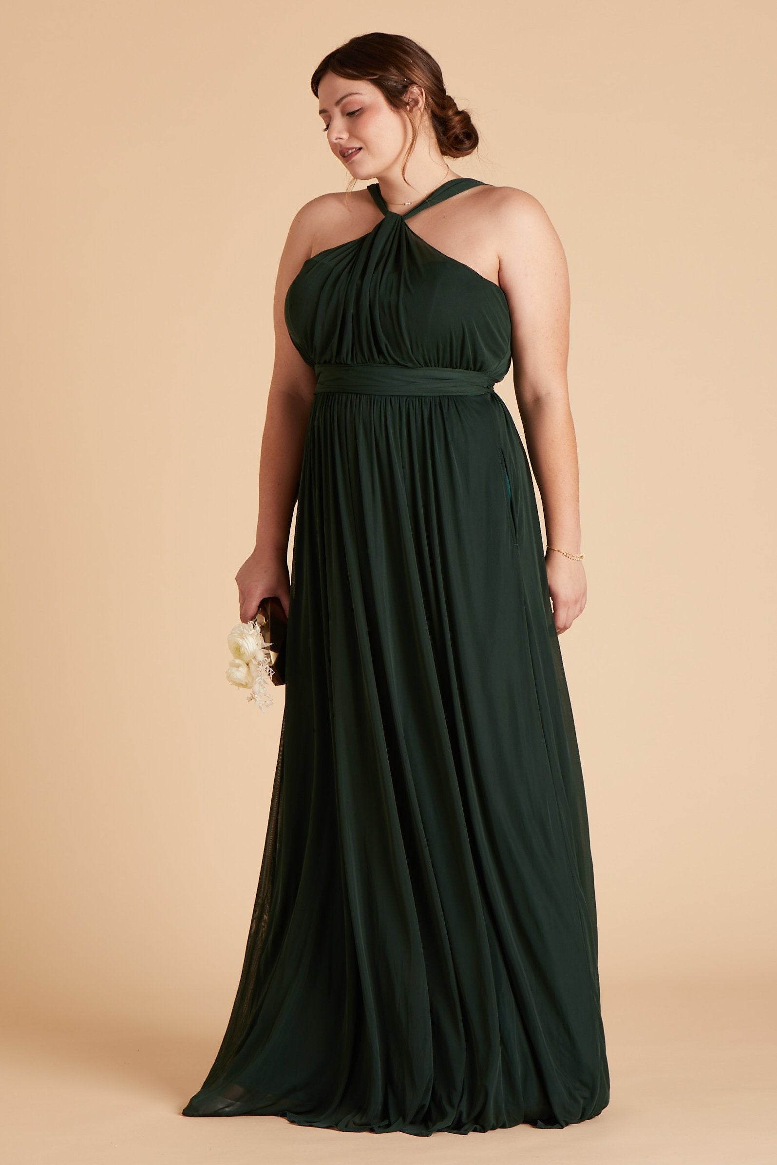 Kiko plus size bridesmaid dress in emerald green chiffon by Birdy Grey, front view