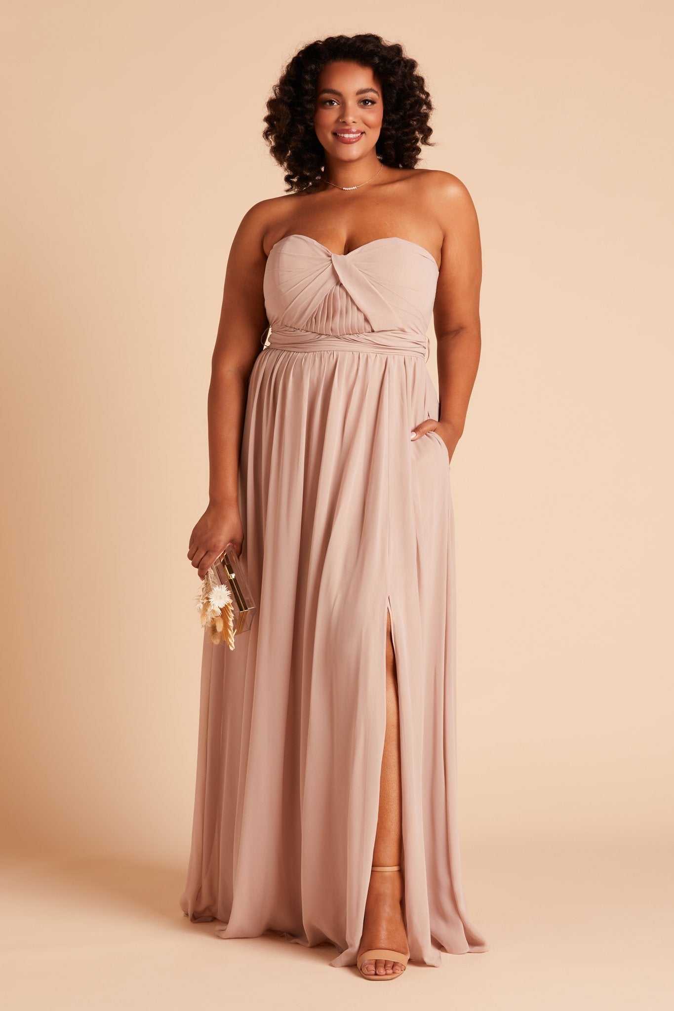 Grace convertible plus size bridesmaid dress with slit in taupe chiffon by Birdy Grey, front view