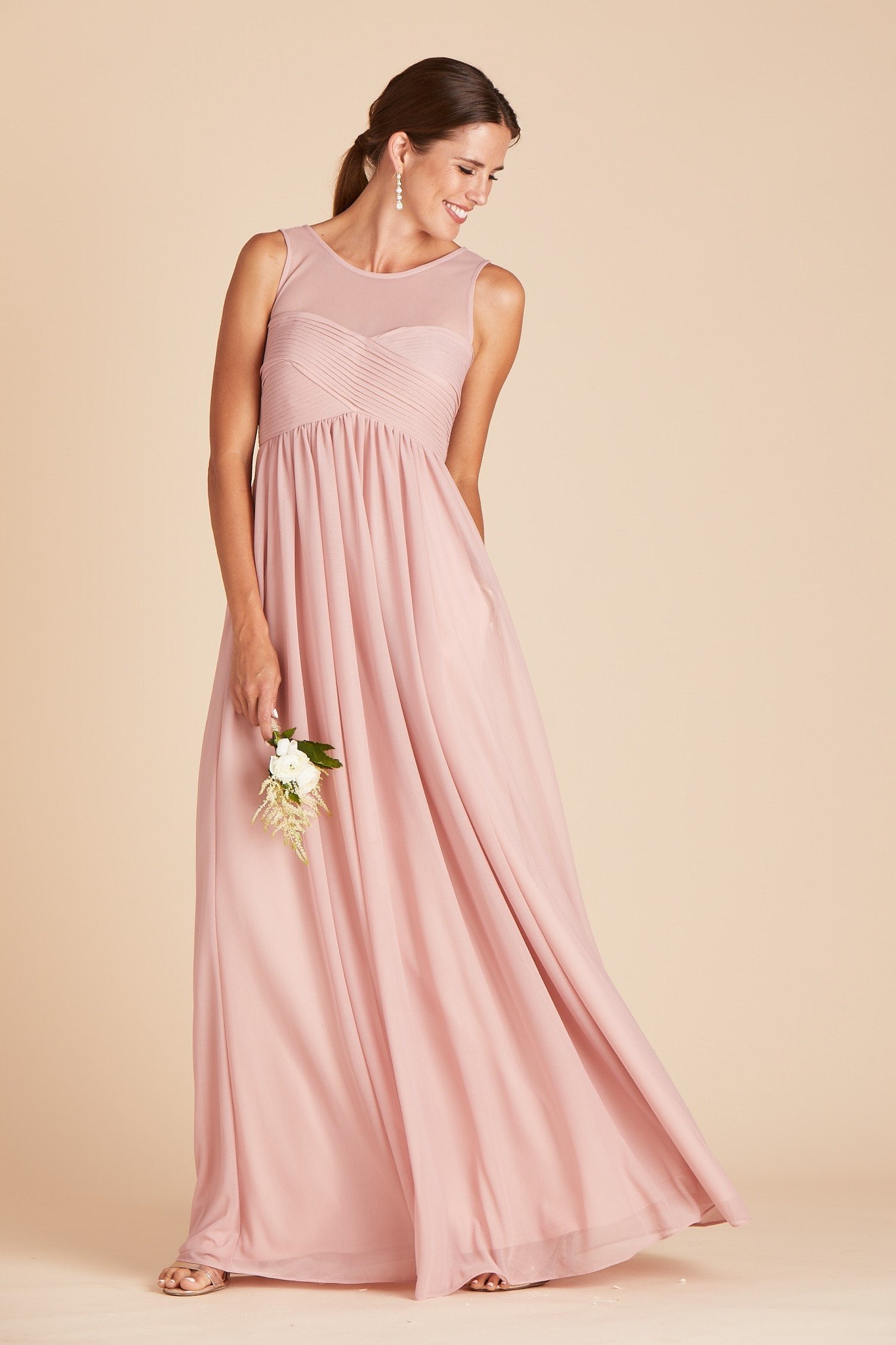 Ryan bridesmaid dress in dusty rose pink chiffon by Birdy Grey, front view