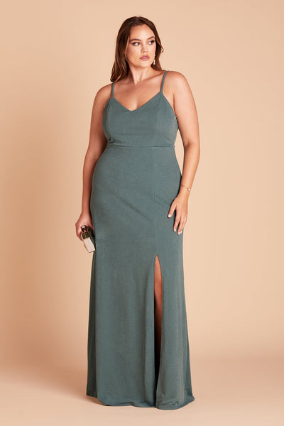 Jay plus size bridesmaid dress with slit in sea glass green crepe by Birdy Grey, front view