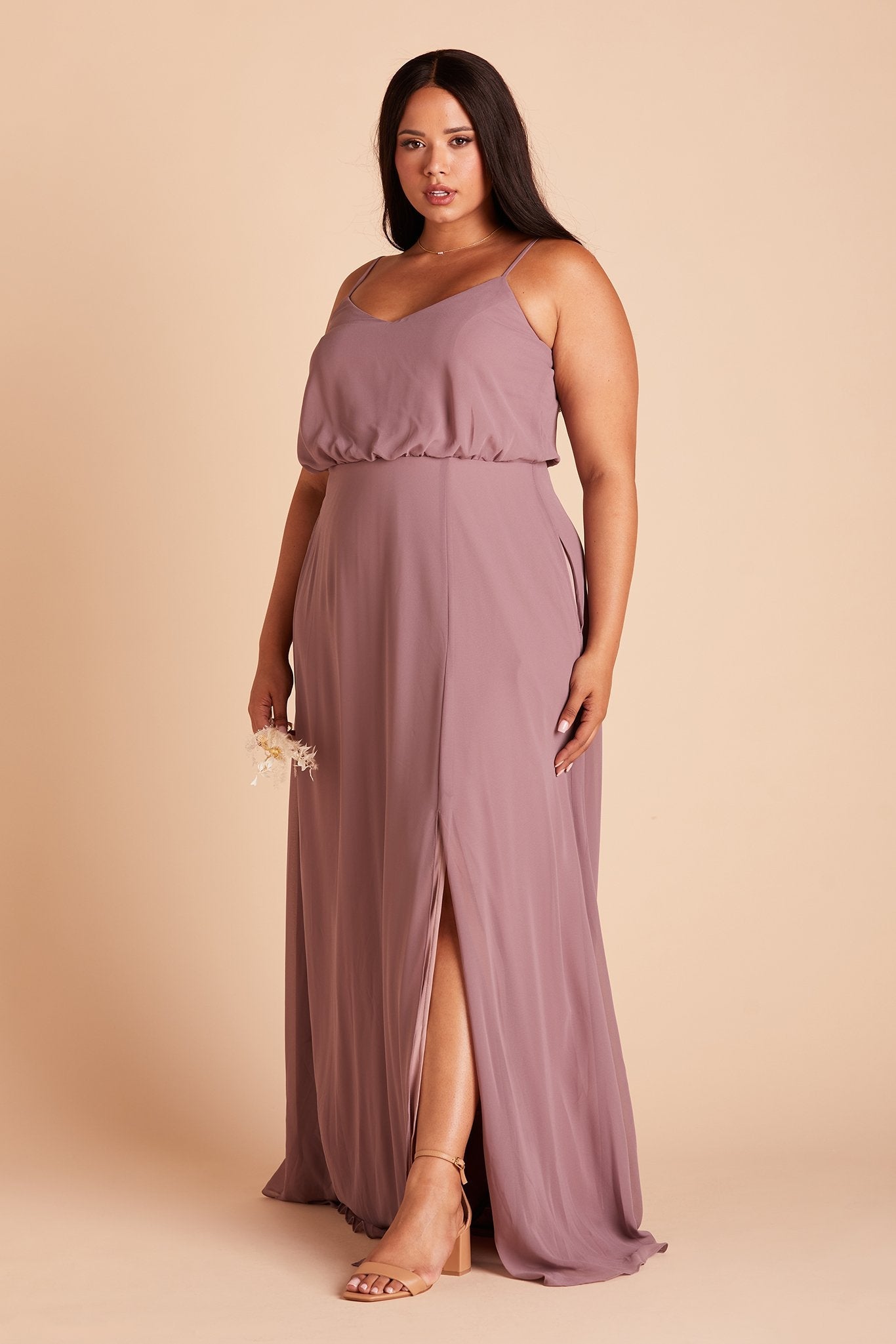 Gwennie plus size bridesmaid dress with slit in dark mauve chiffon by Birdy Grey, side view