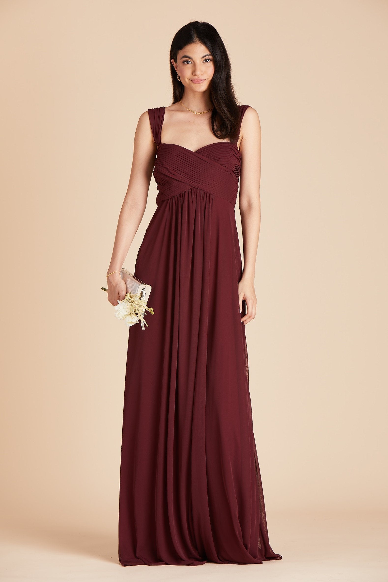 Maria convertible bridesmaids dress in cabernet burgundy chiffon by Birdy Grey, front view