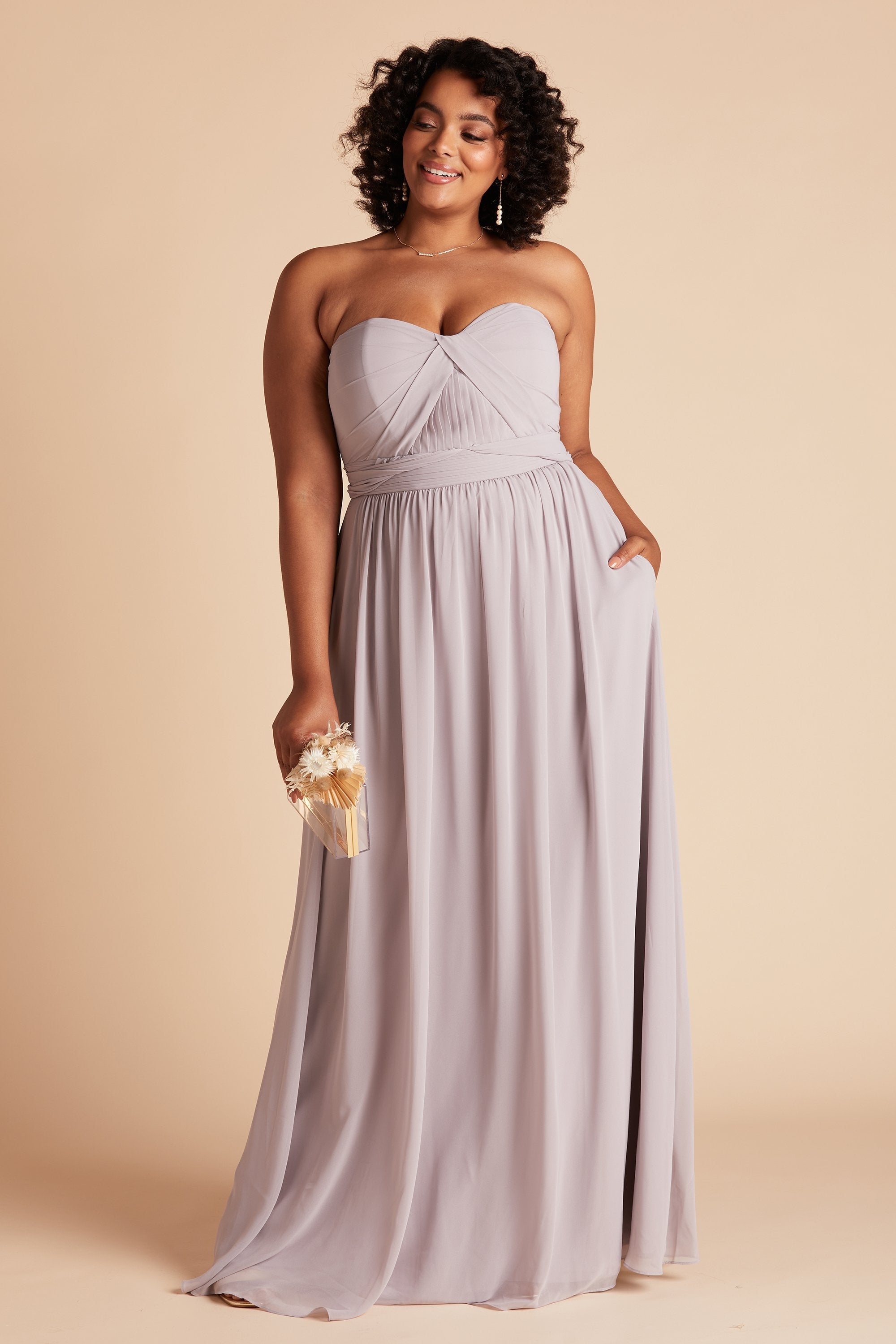 Grace convertible plus size bridesmaid dress in lilac purple chiffon by Birdy Grey, front view