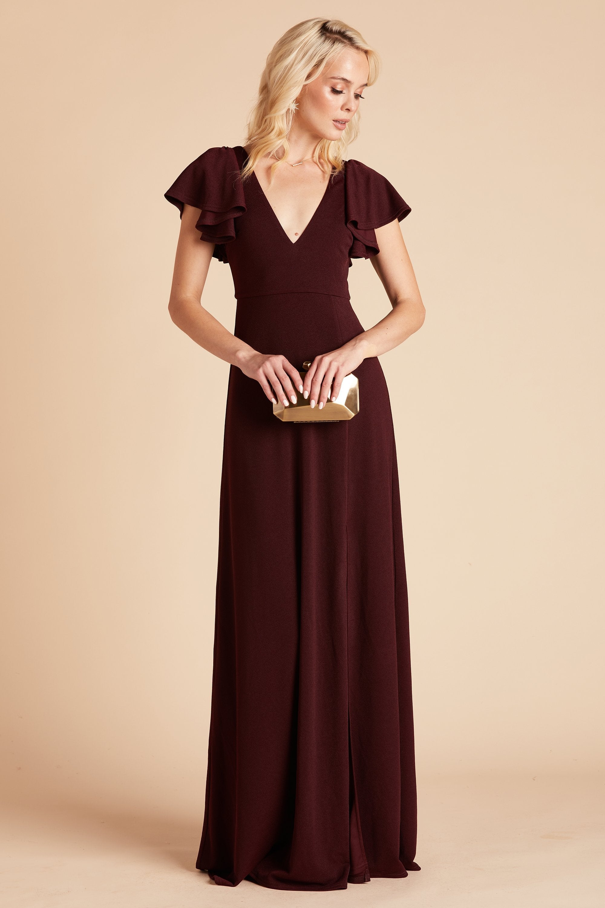 Hannah bridesmaid dress with slit in cabernet burgundy crepe by Birdy Grey, front view