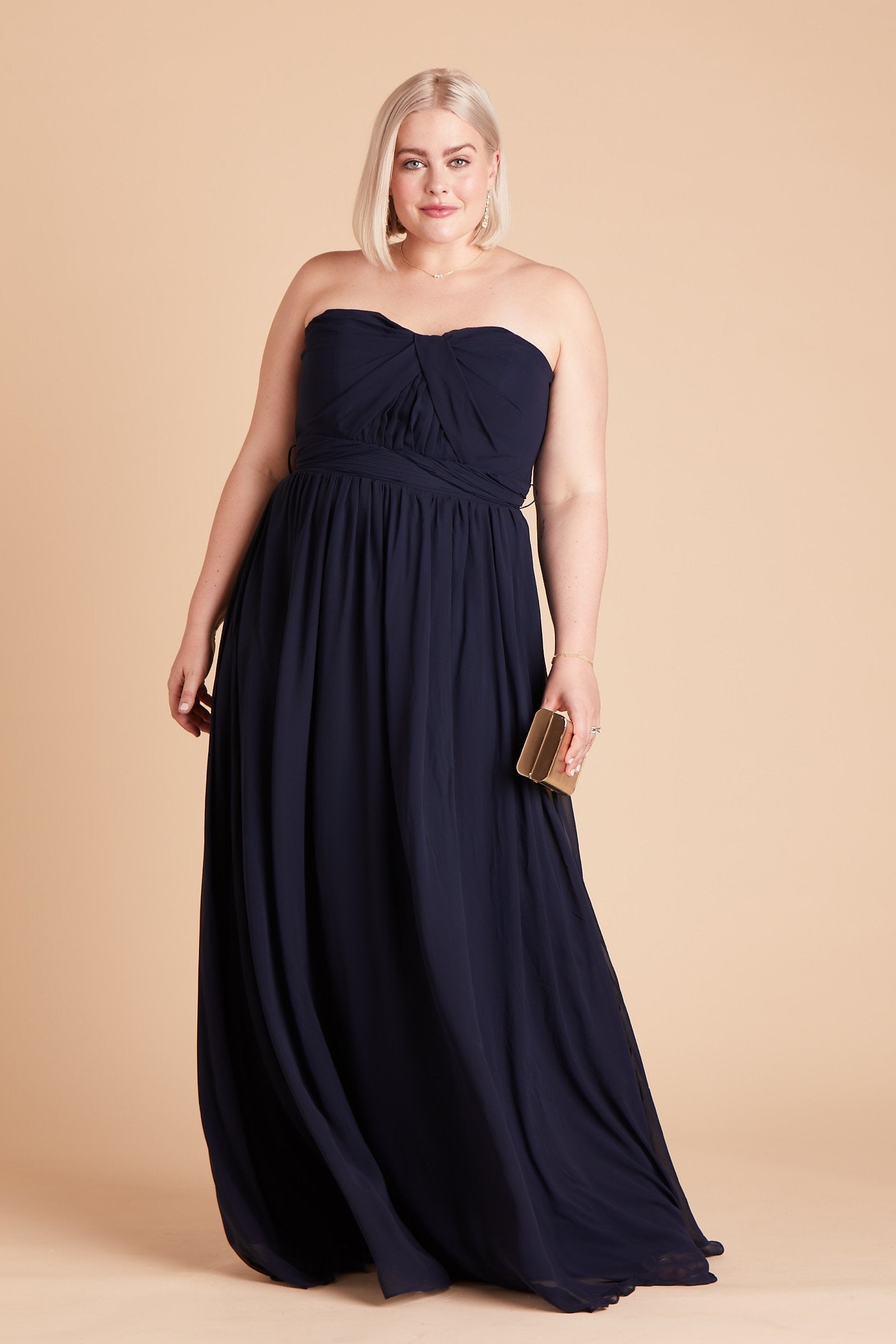 Grace convertible plus size bridesmaid dress in navy blue chiffon by Birdy Grey, front view