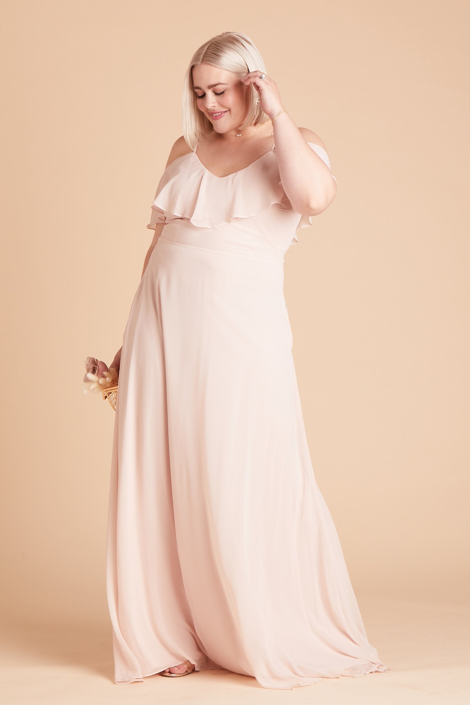 Jane convertible plus size bridesmaid dress in pale blush chiffon by Birdy Grey, front view