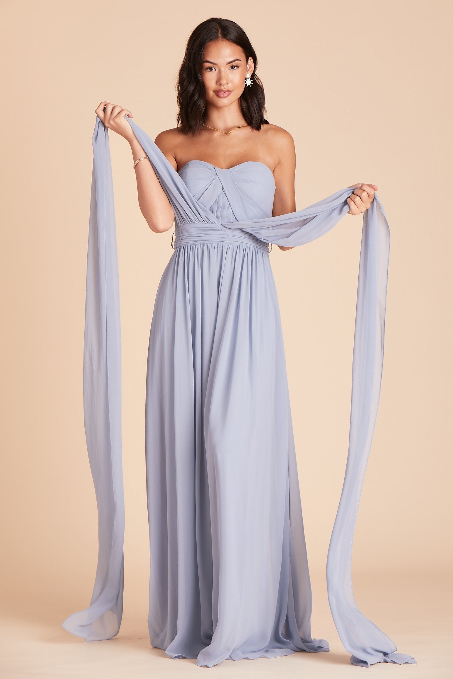 Grace convertible bridesmaid dress in dusty blue chiffon by Birdy Grey, front view