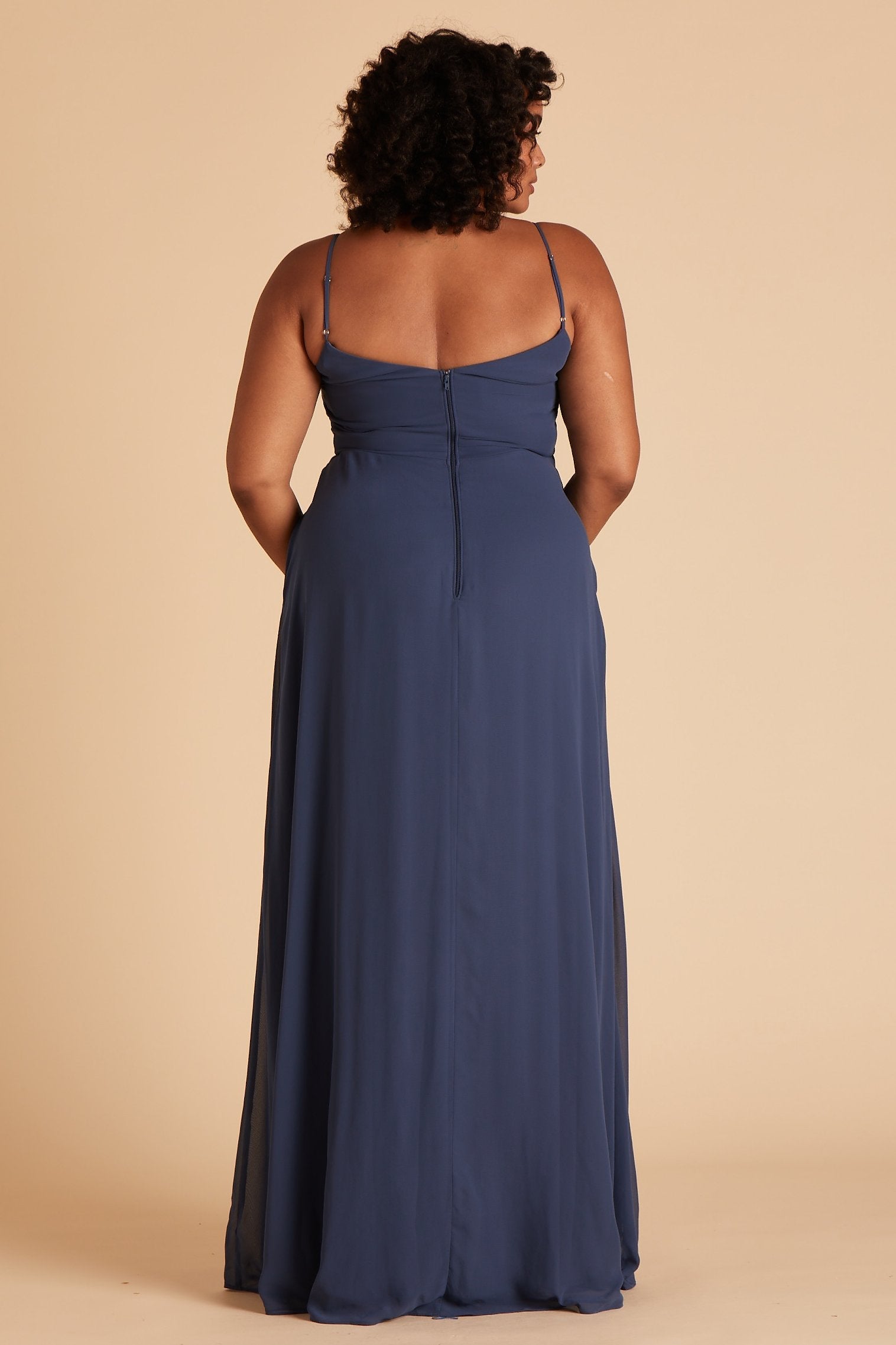 Devin convertible plus size bridesmaids dress in slate blue chiffon by Birdy Grey, back view