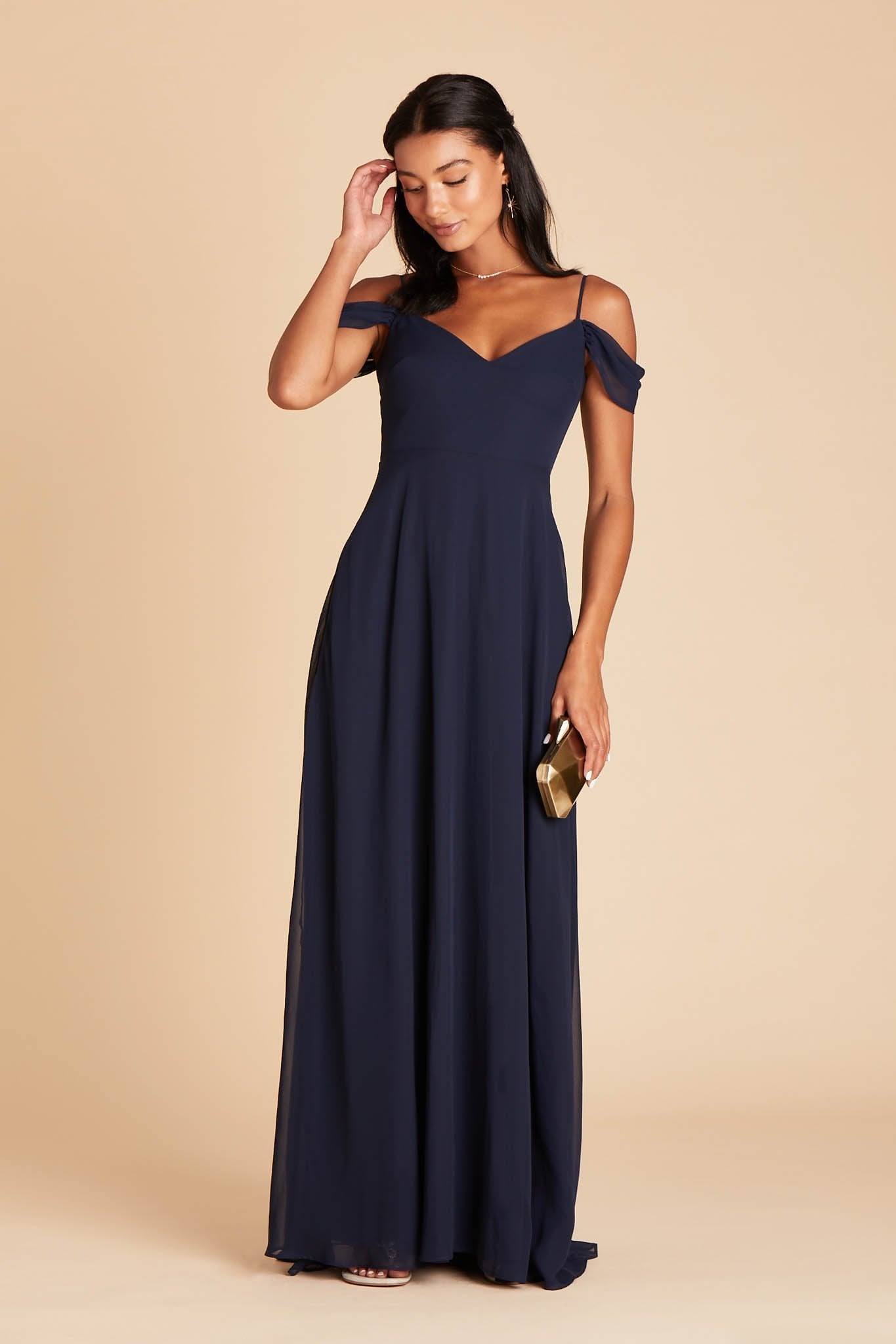 Devin convertible bridesmaid dress in navy blue chiffon by Birdy Grey, front view