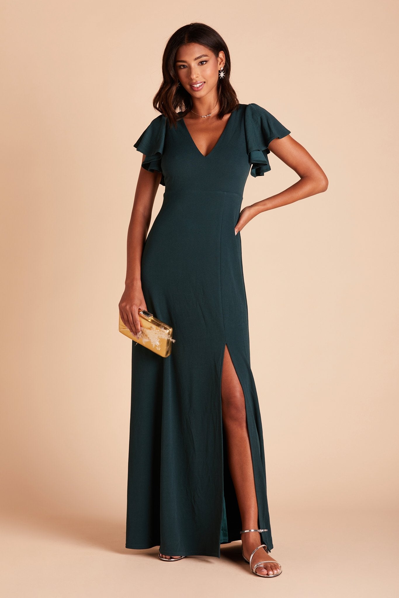 Hannah bridesmaid dress with slit in emerald green crepe by Birdy Grey, front view