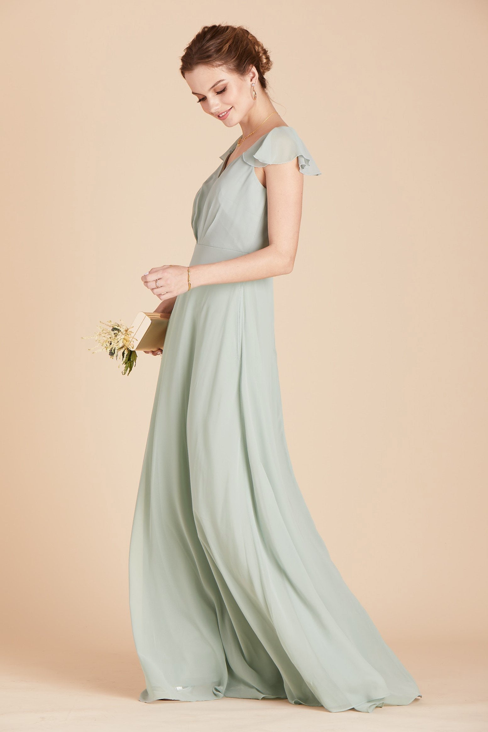 Kae bridesmaid dress in sage green chiffon by Birdy Grey, side view