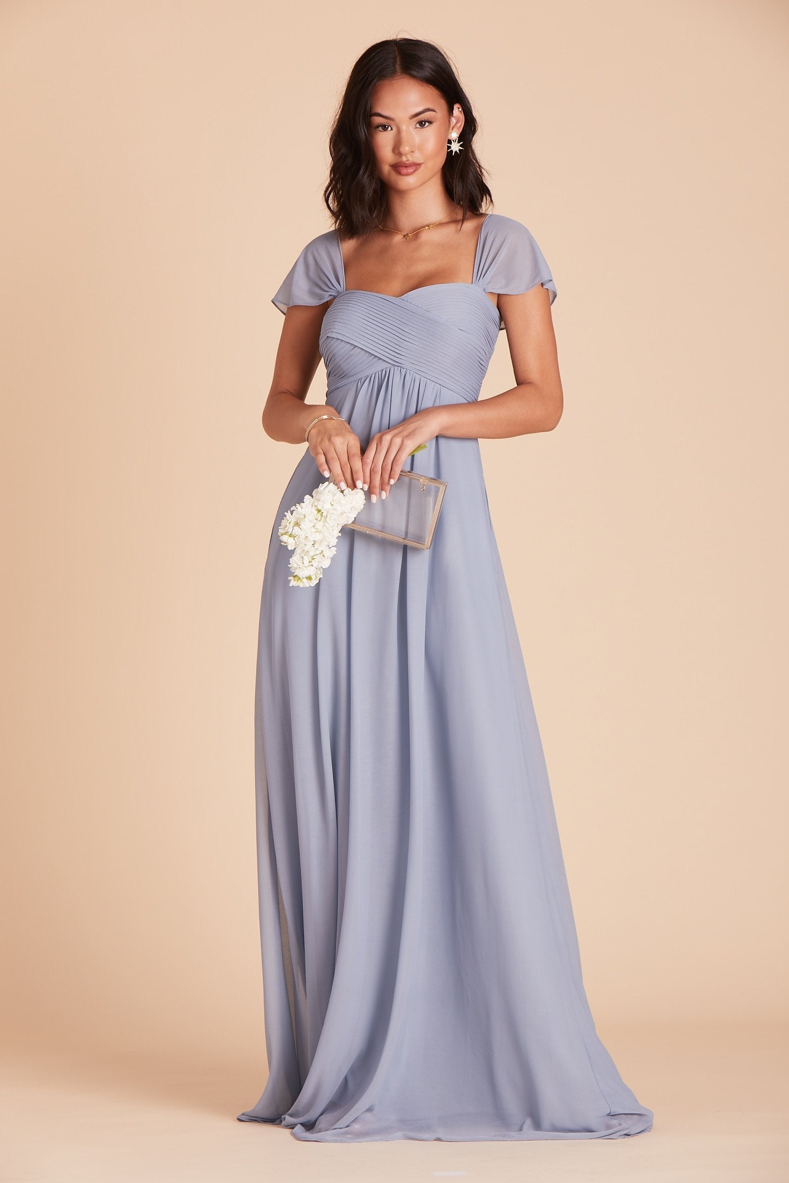 Maria convertible bridesmaids dress in dusty blue chiffon by Birdy Grey, front view