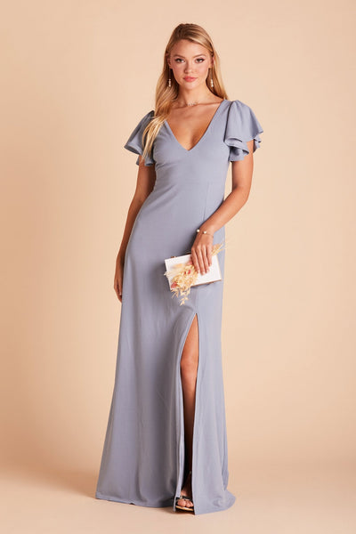 Hannah bridesmaid dress with slit in dusty blue crepe by Birdy Grey, front view