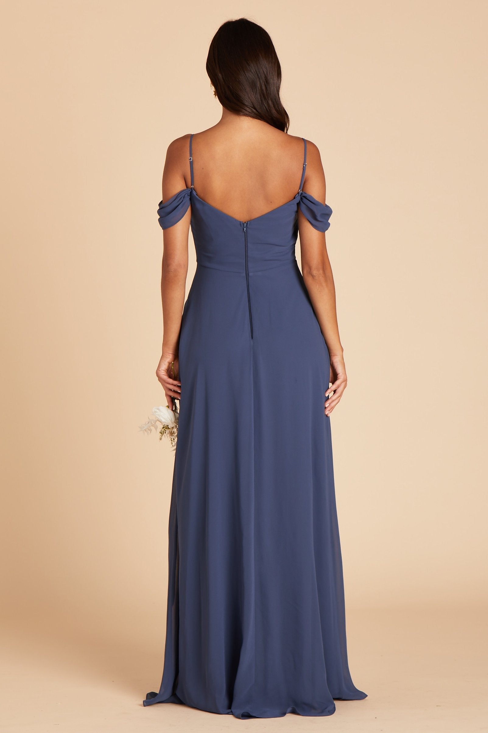 Devin convertible bridesmaids dress in slate blue chiffon by Birdy Grey, back view