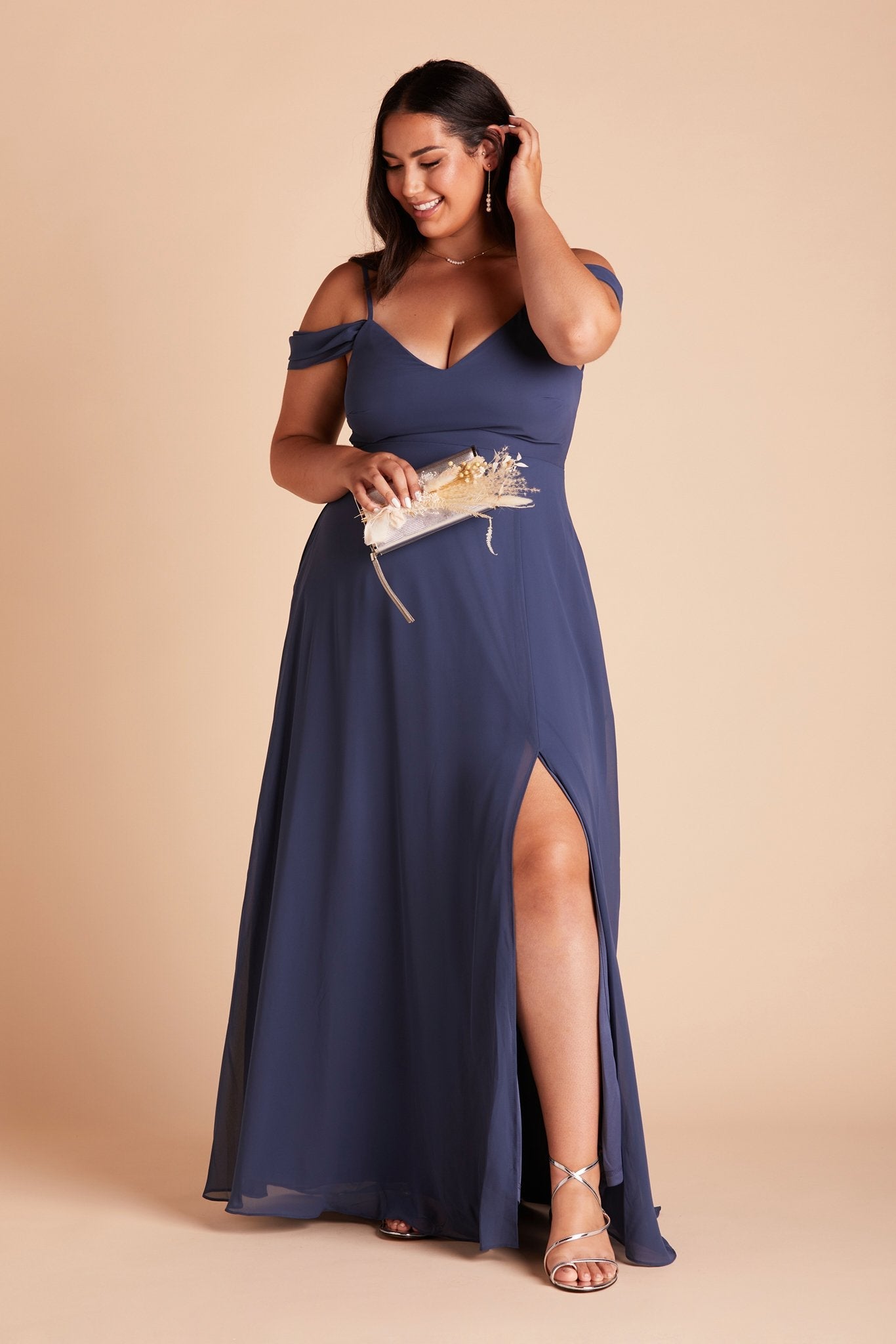 Devin convertible plus size bridesmaids dress with slit in slate blue chiffon by Birdy Grey, front view