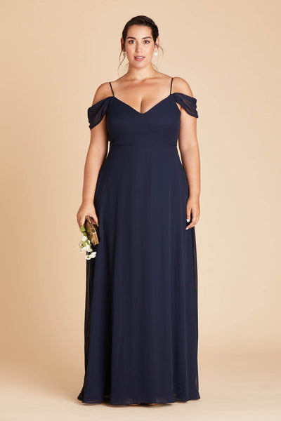 Devin convertible plus size bridesmaids dress in navy blue chiffon by Birdy Grey, front view