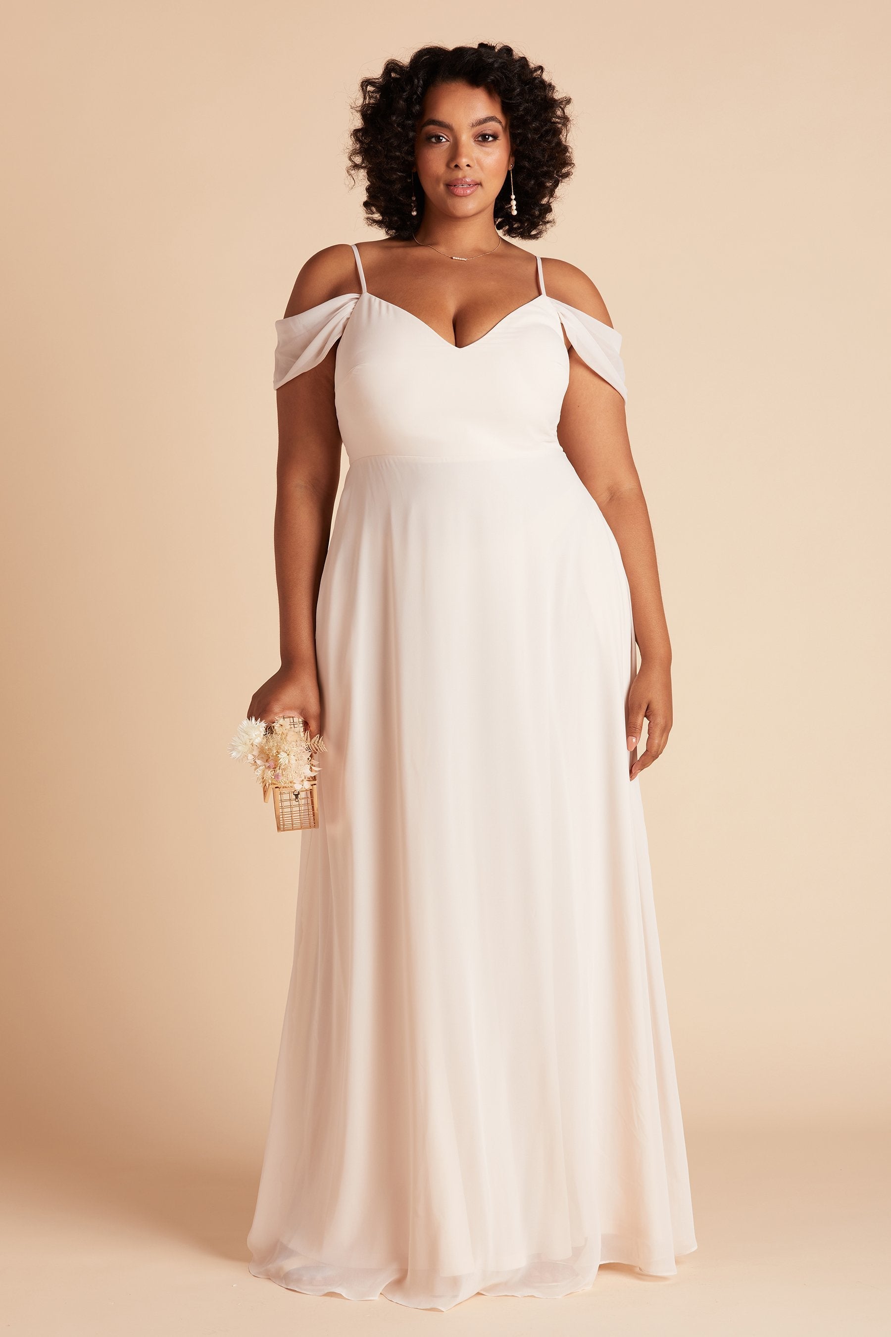 Devin convertible plus size bridesmaids dress in champagne chiffon by Birdy Grey, front view