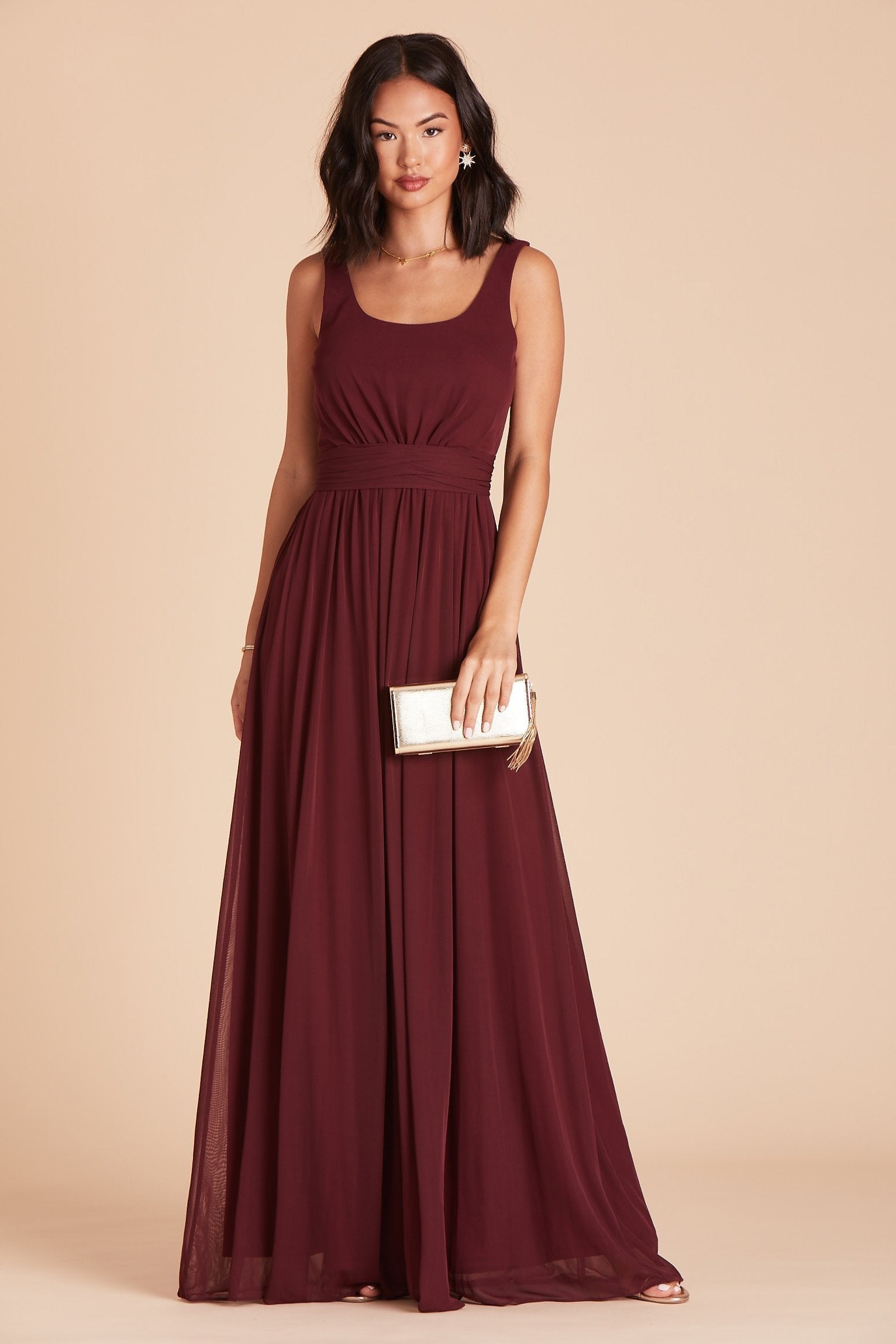 Jan bridesmaids dress in cabernet burgundy chiffon by Birdy Grey, front view