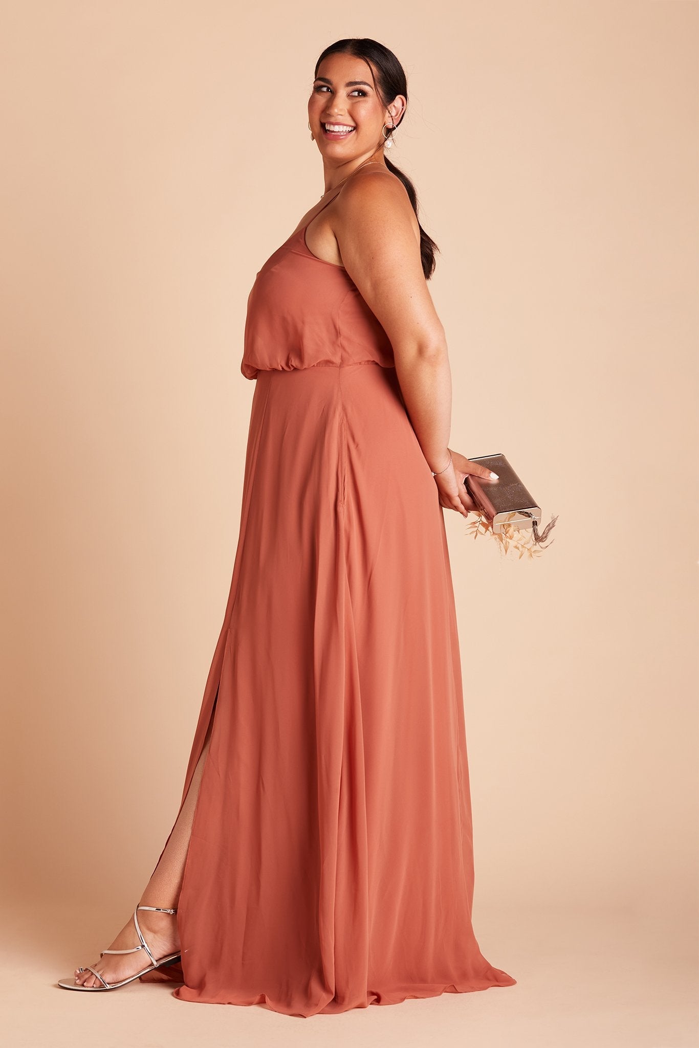 Gwennie plus size bridesmaid dress with slit in terracotta chiffon by Birdy Grey, side view