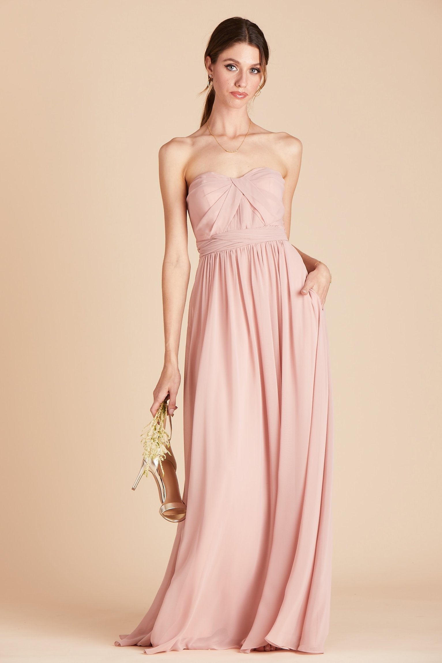 Grace convertible bridesmaid dress in rose quartz pink chiffon by Birdy Grey, front view