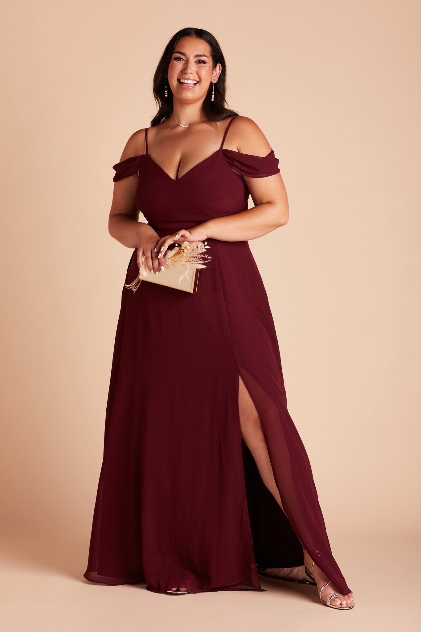 Devin convertible plus size bridesmaid dress with slit in cabernet burgundy chiffon by Birdy Grey, front view