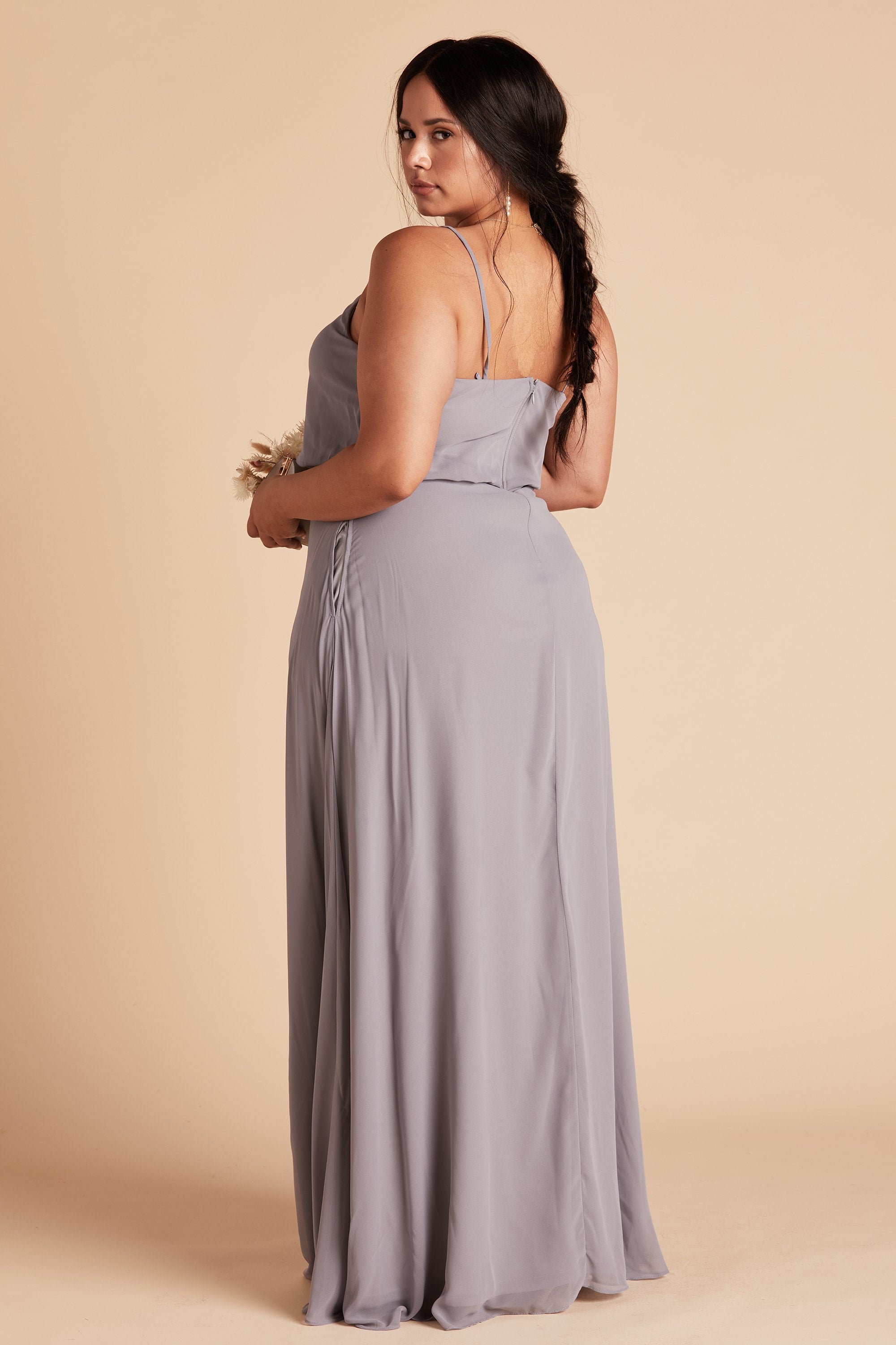 Gwennie plus size bridesmaid dress in silver chiffon by Birdy Grey, side view