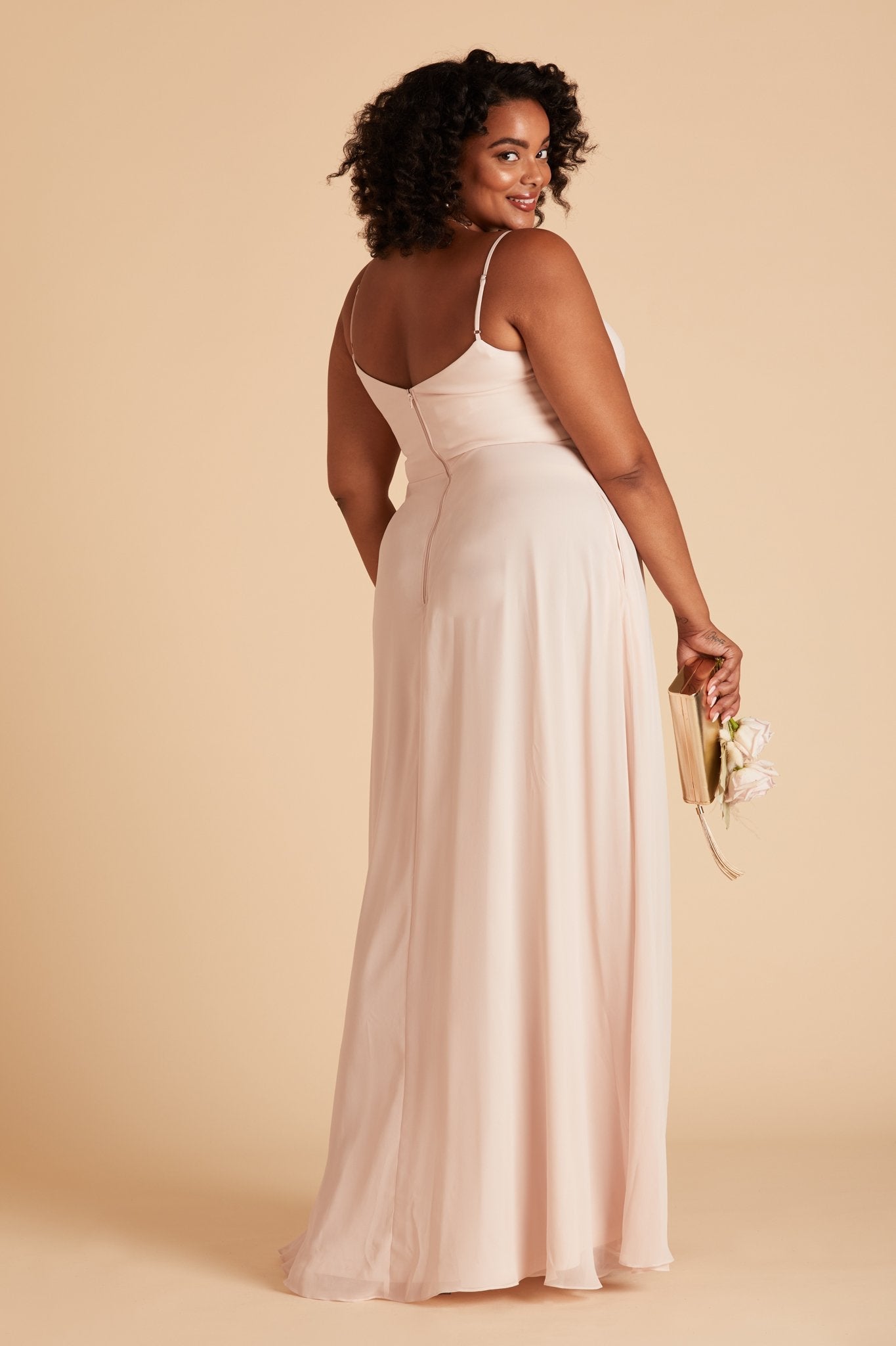 Devin convertible plus size bridesmaids dress in pale blush chiffon by Birdy Grey, back view