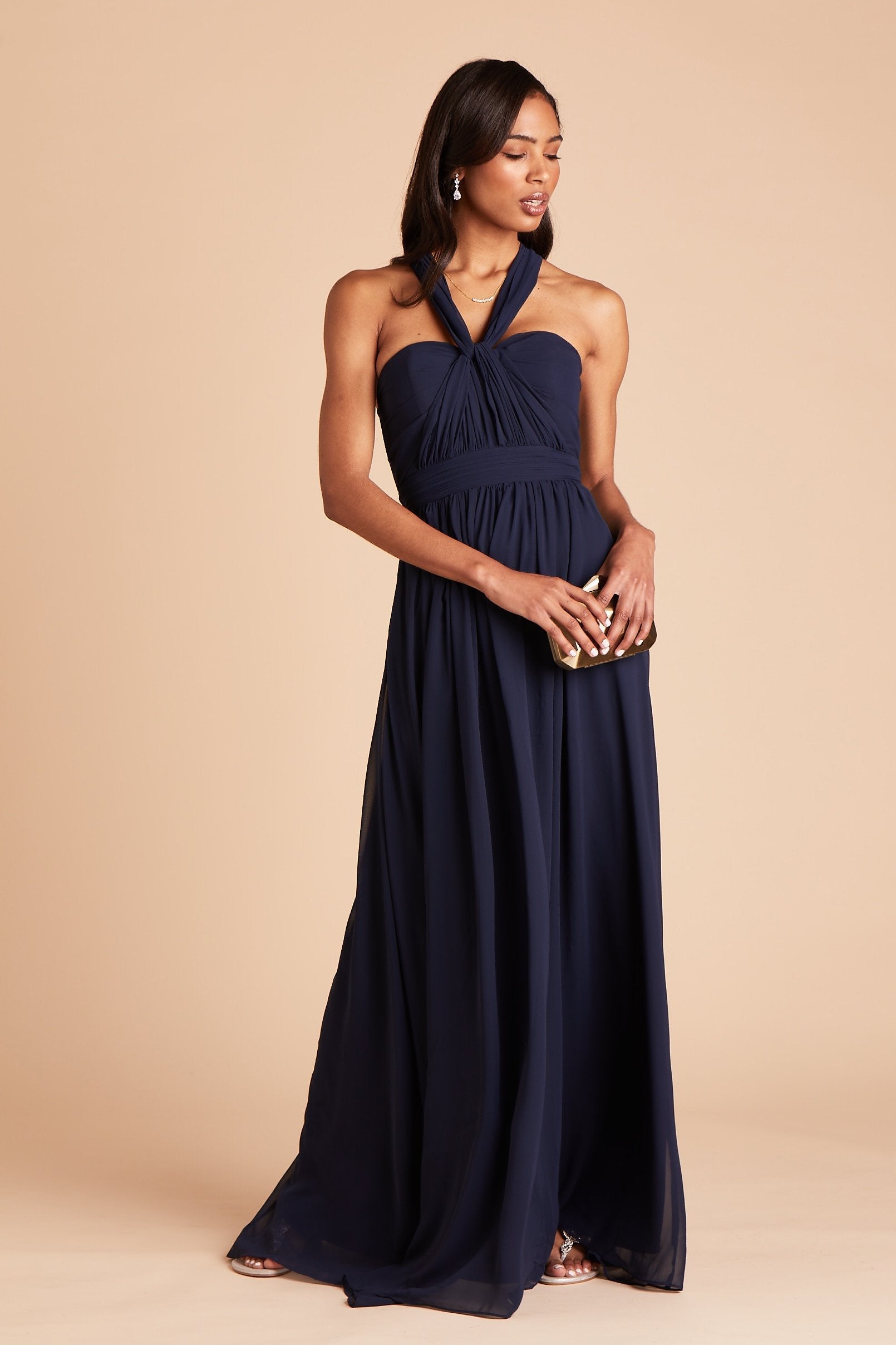 Grace convertible bridesmaid dress in navy blue chiffon by Birdy Grey, front view