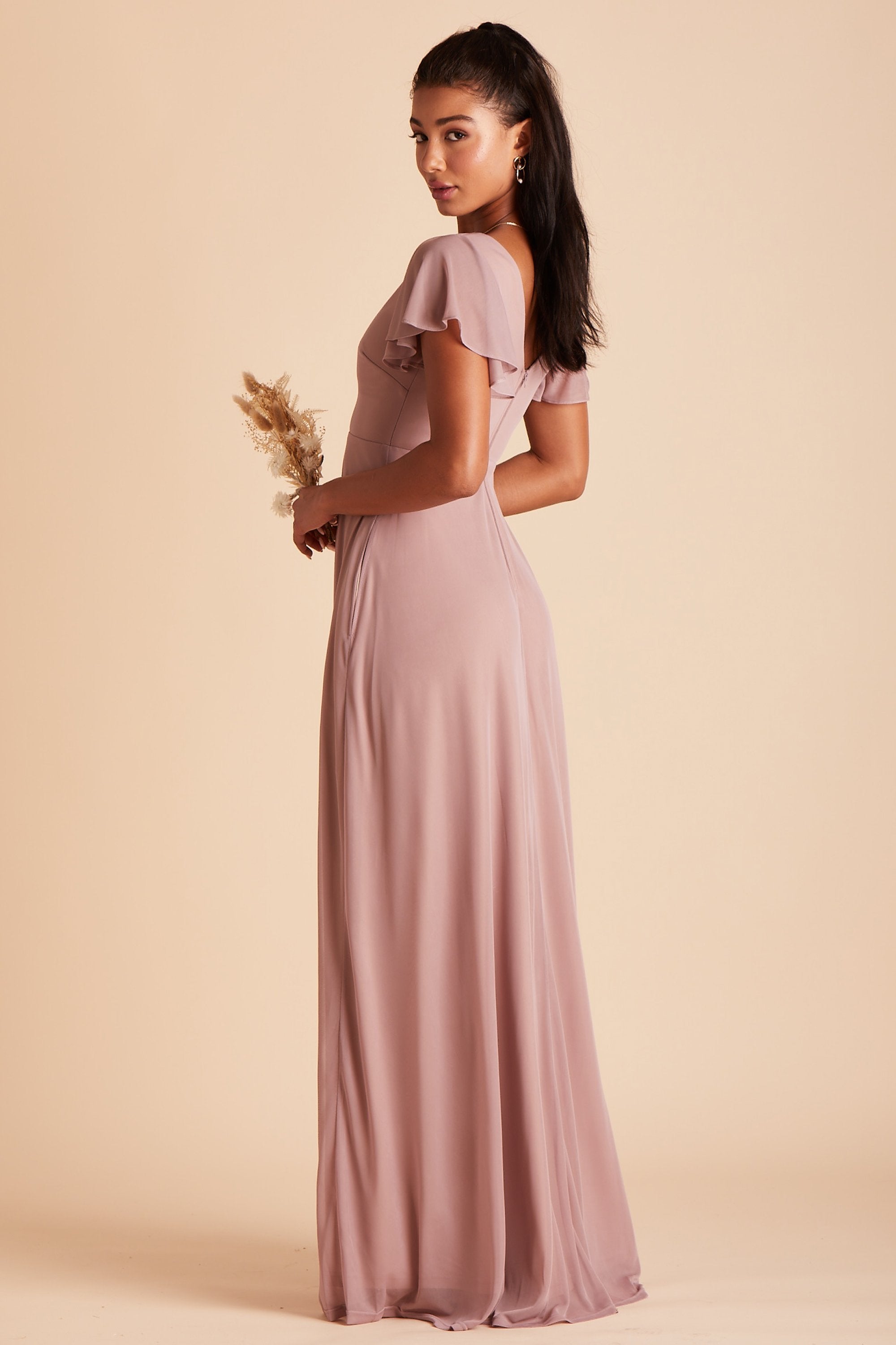 Hannah bridesmaids dress in mauve chiffon by Birdy Grey, side view