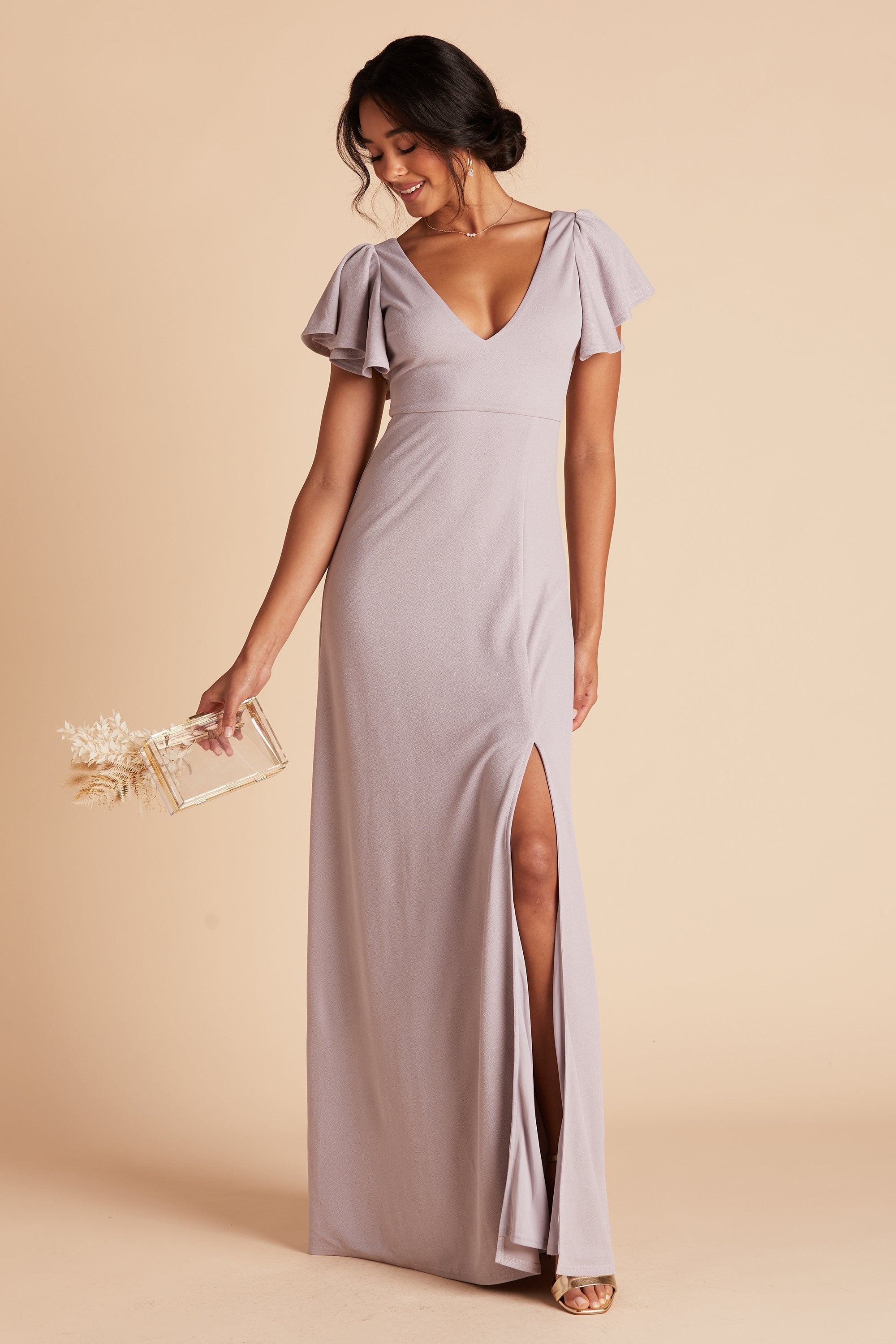 Hannah bridesmaid dress with slit in lilac purple crepe by Birdy Grey, front view