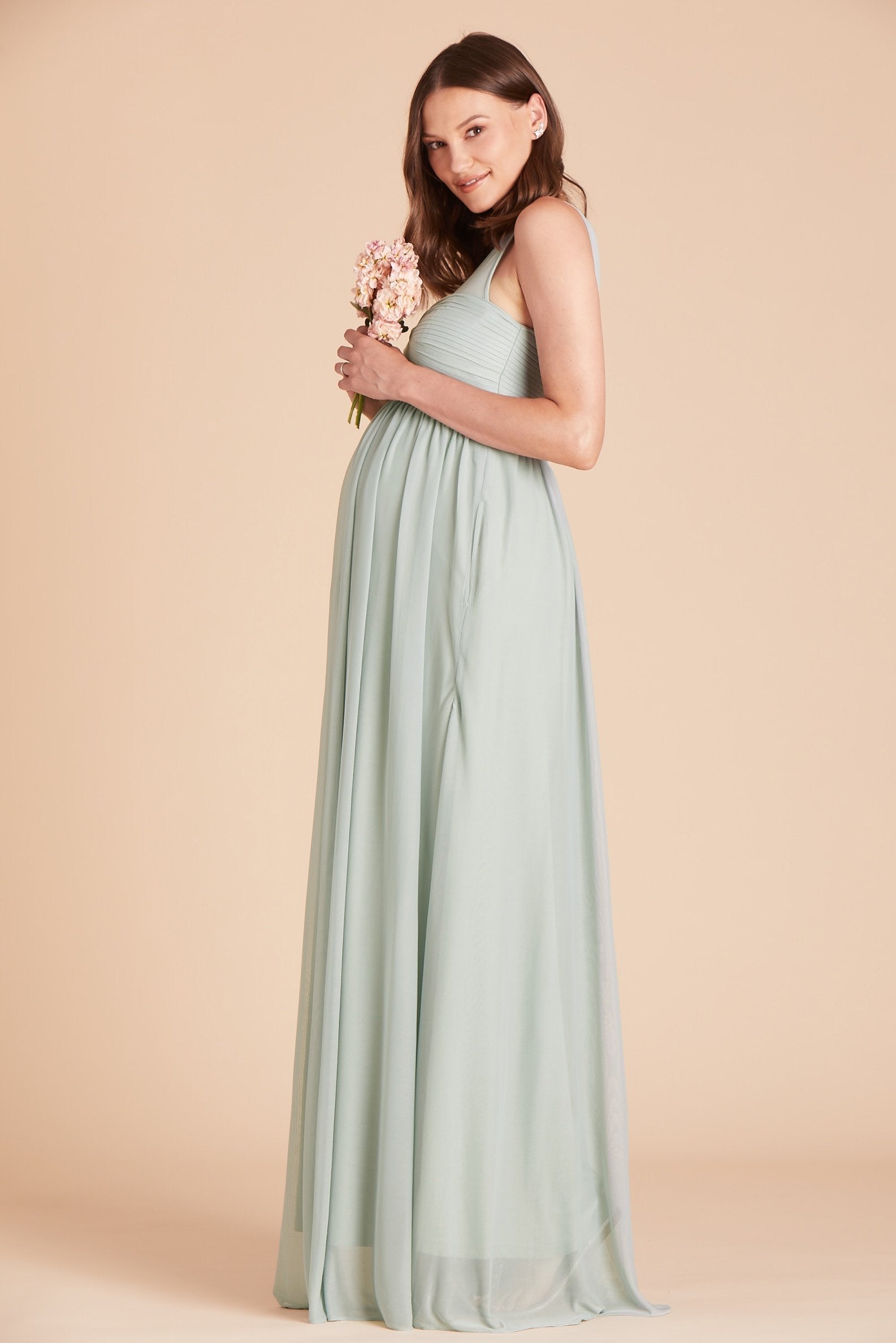 Ryan bridesmaid dress in sage green chiffon by Birdy Grey, side view