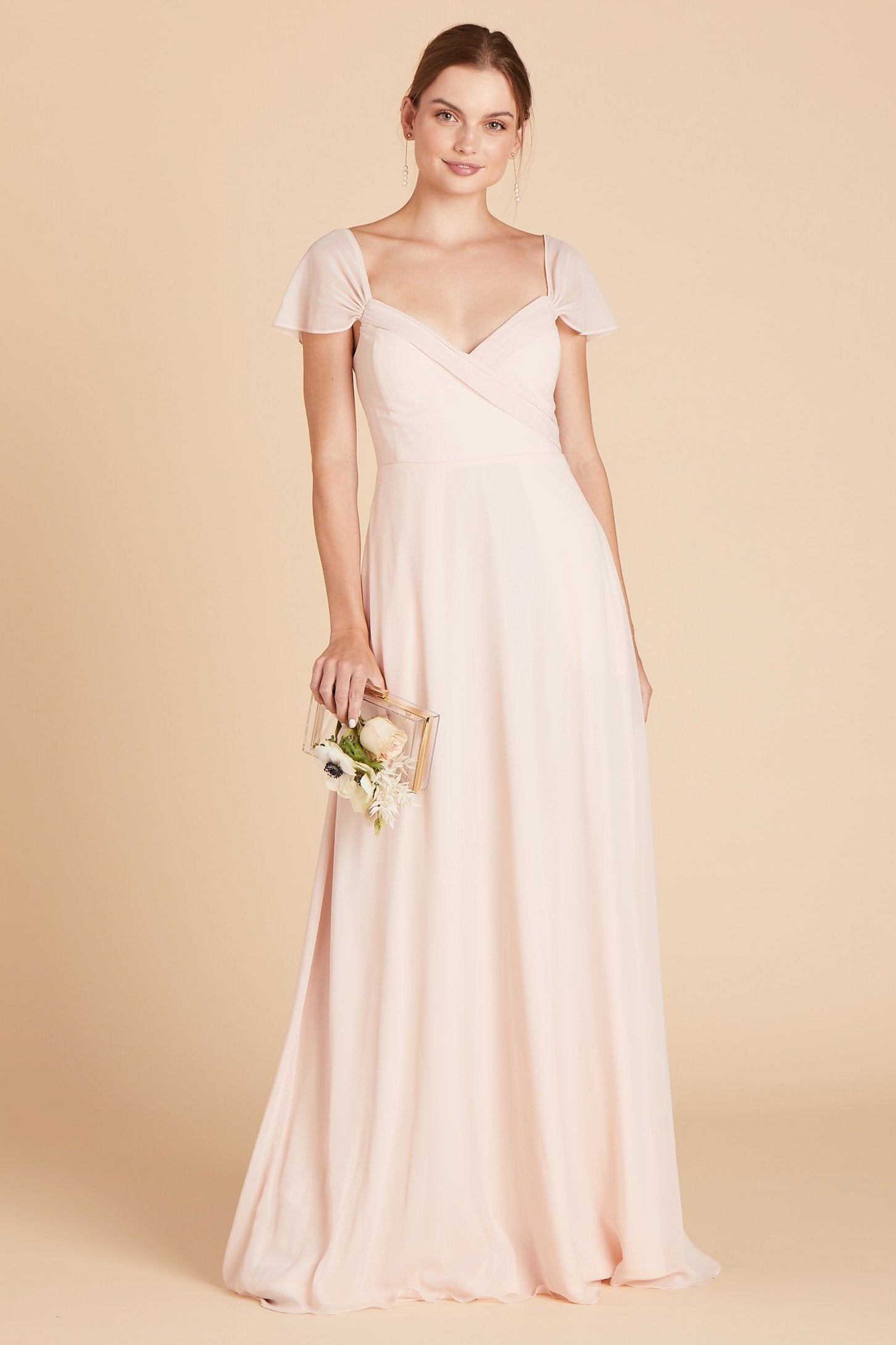 Spence convertible bridesmaid dress in pale blush chiffon by Birdy Grey, front view