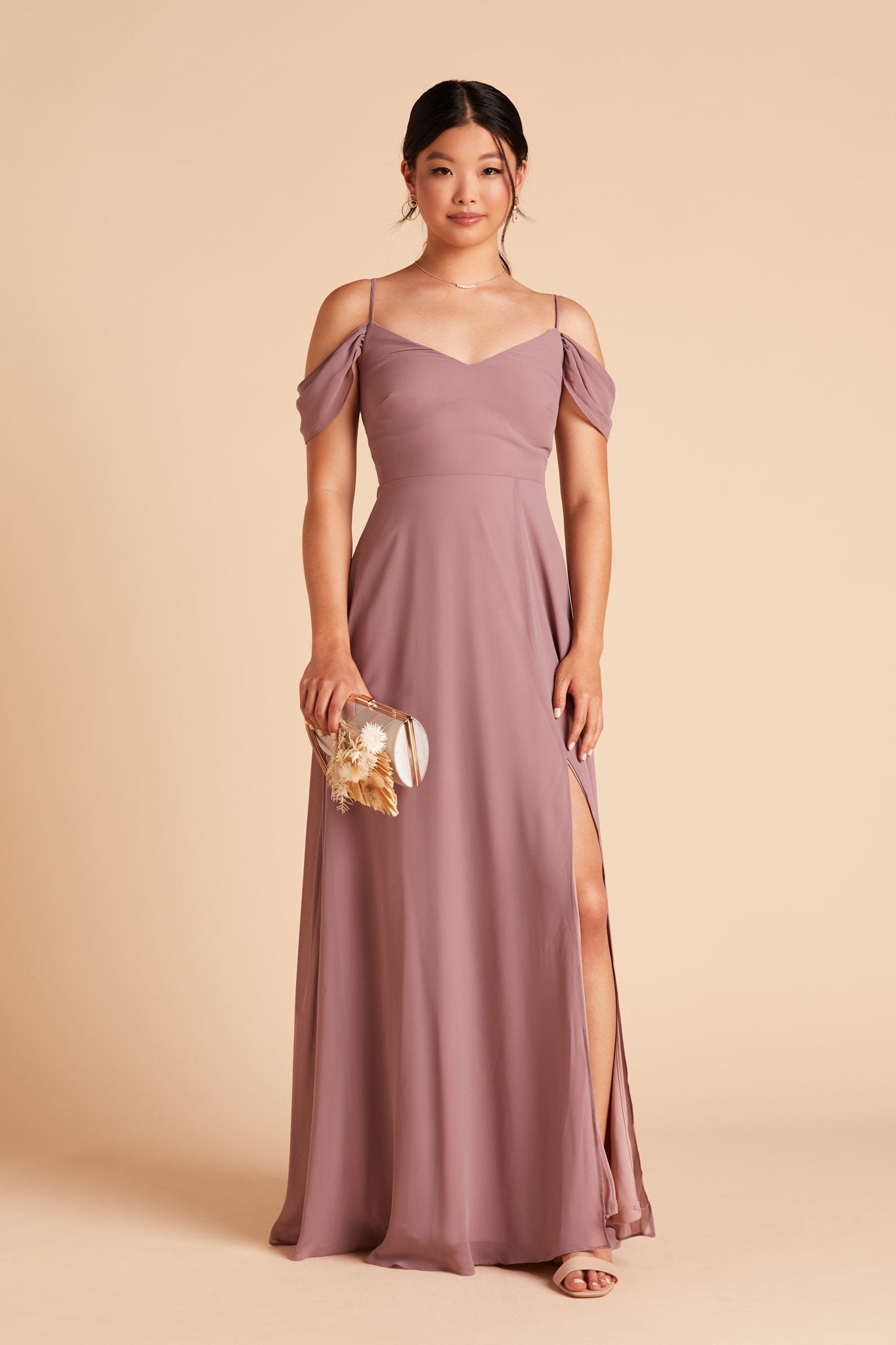 Devin convertible bridesmaid dress with slit in dark mauve chiffon by Birdy Grey, front view