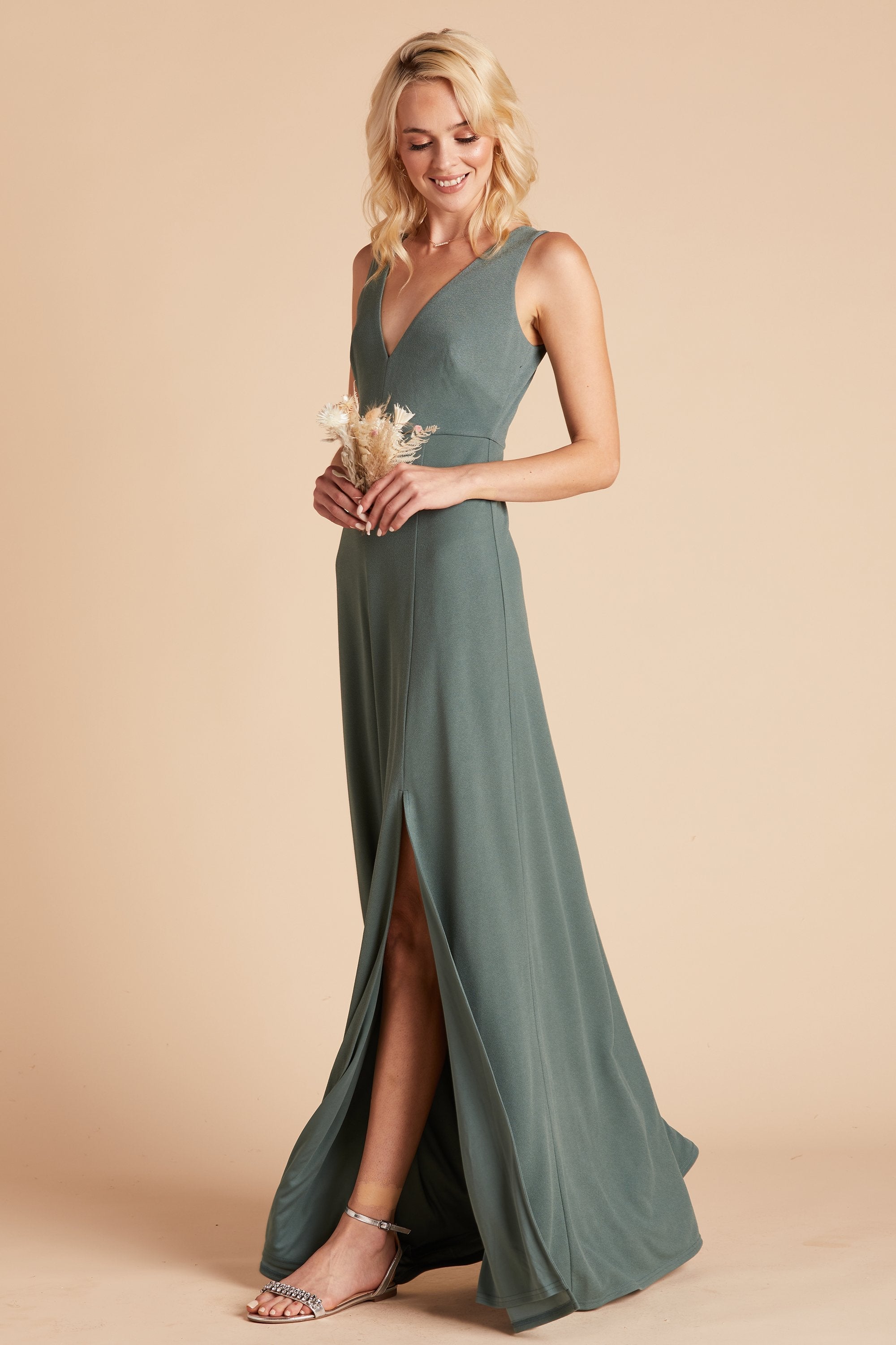 Shamin bridesmaid dress with slit in sea glass green crepe by Birdy Grey, side view