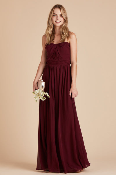 Chinky convertible bridesmaid dress in cabernet burgundy mesh by Birdy Grey, front view